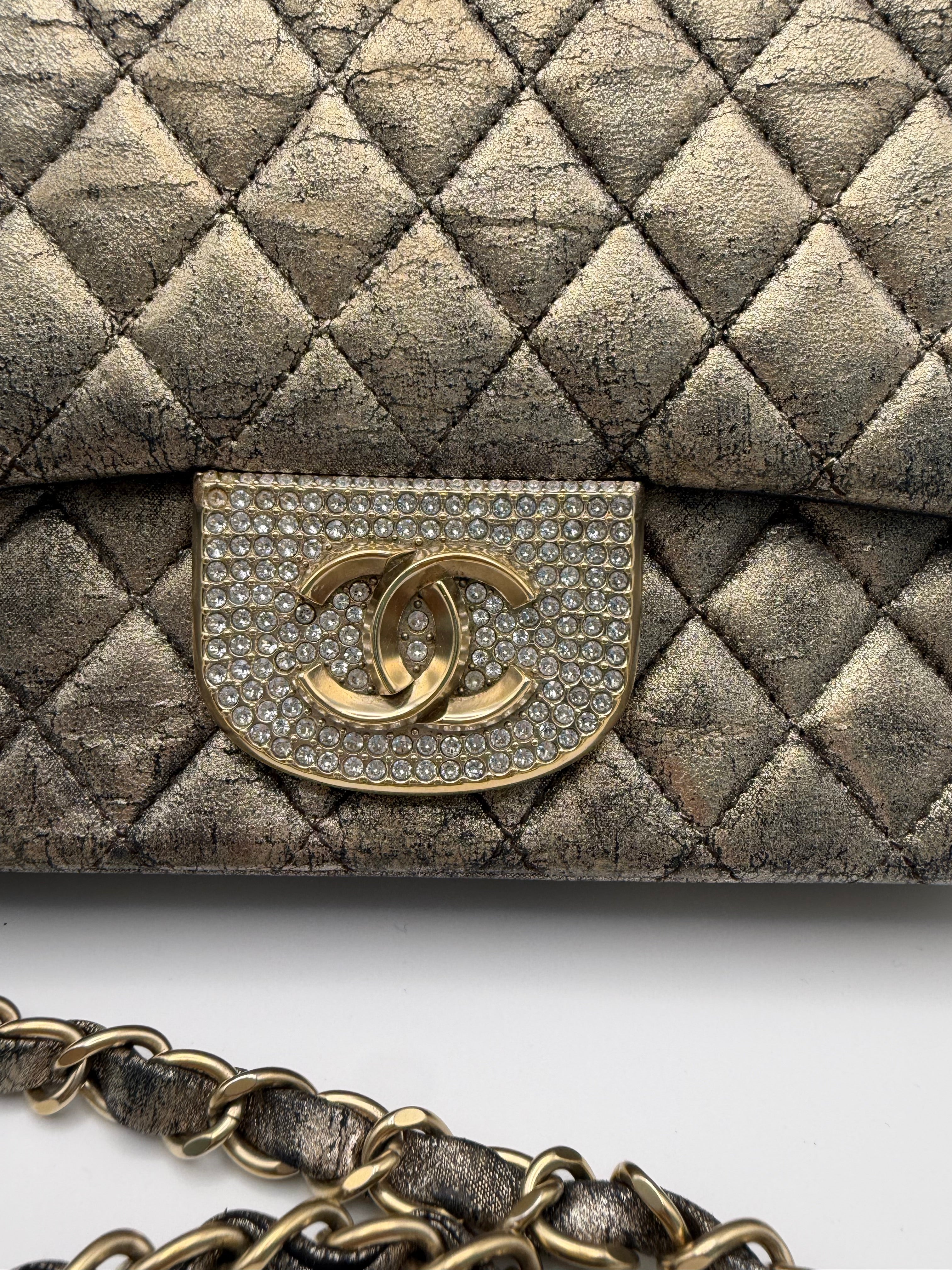 CHANEL Metallic Iridescent Gold Small Single Flap Shouler Bag Crystal CC Lock