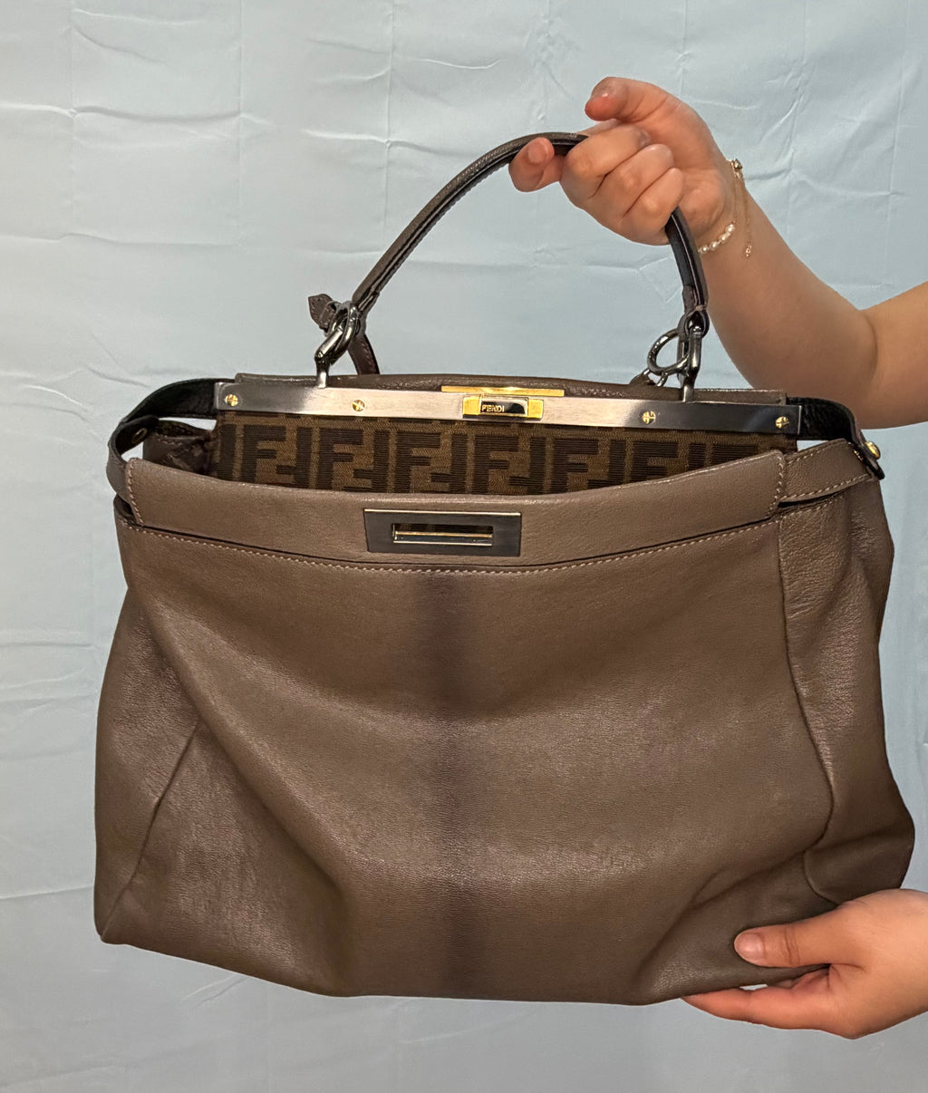 Fendi Peekaboo Shoulder Bag Medium Gray Leather FF Zucca Interior Gold Hardware