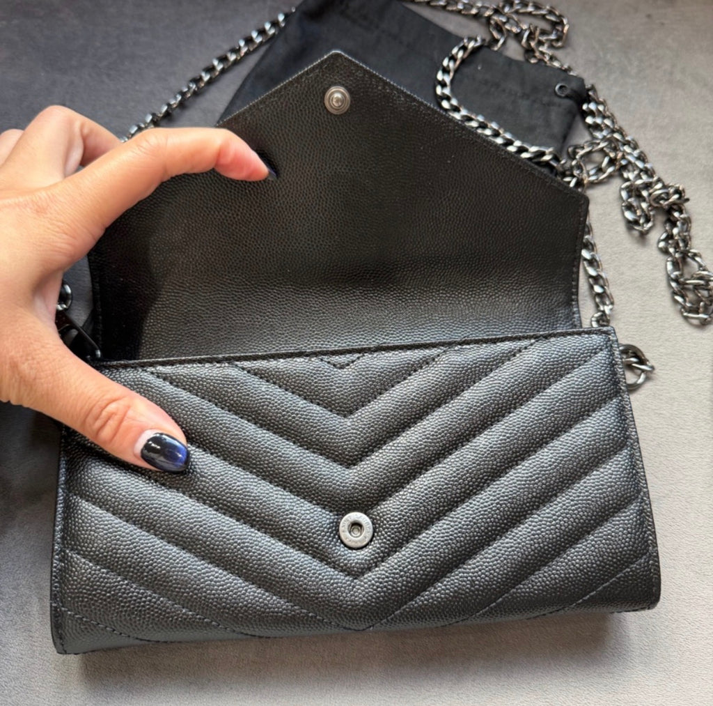 YSL Cassandre all black envelope flap wallet on chain