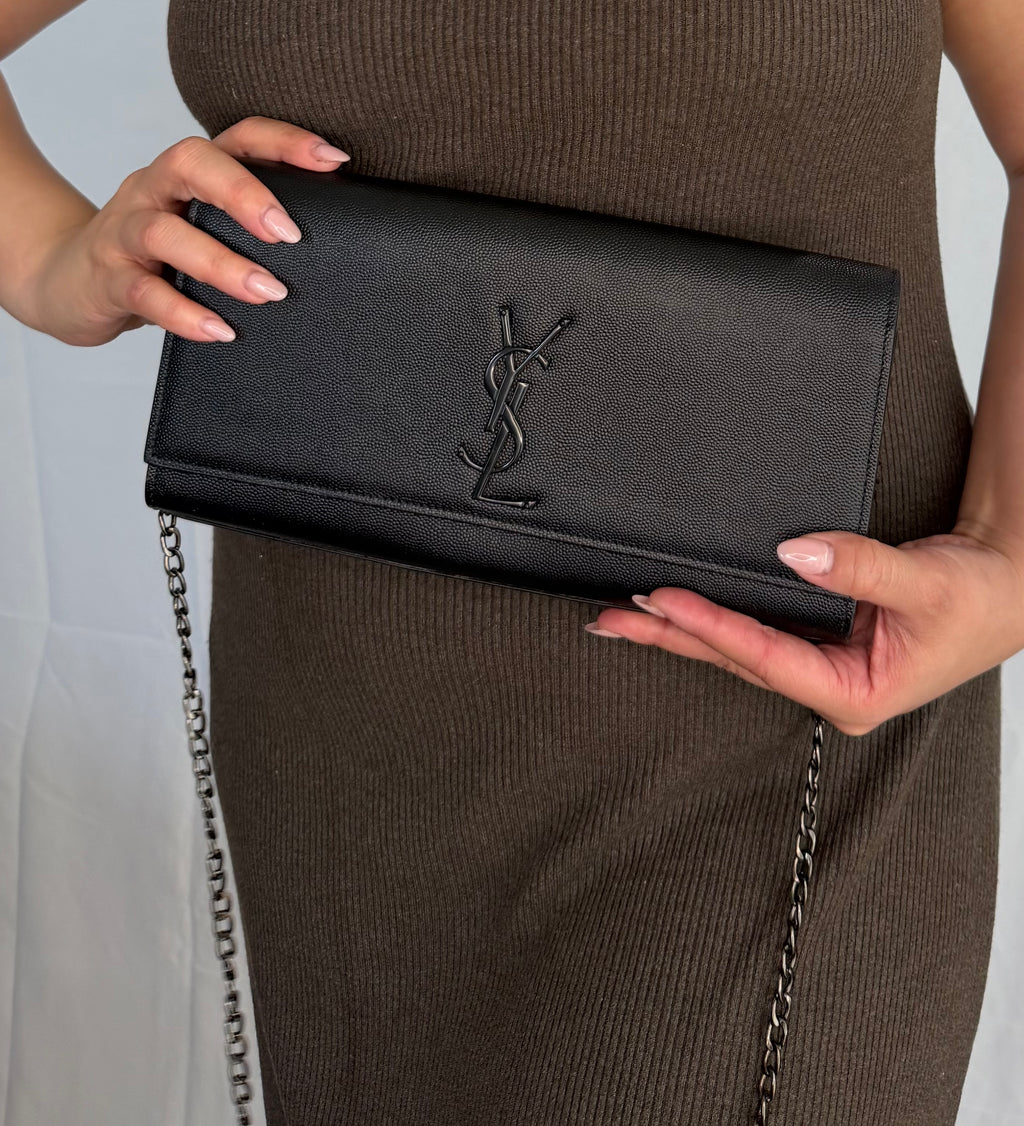 SAINT LAURENT Grain De Poudre Medium Clutch Classic Monogram Kate Satchel Black