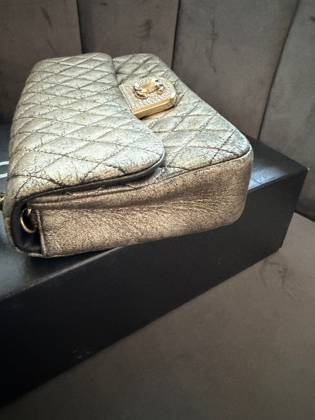 CHANEL Metallic Iridescent Gold Small Single Flap Shouler Bag Crystal CC Lock