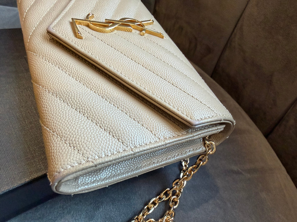 Yves Saint Laurent beige cassandre envelope flap wallet on chain