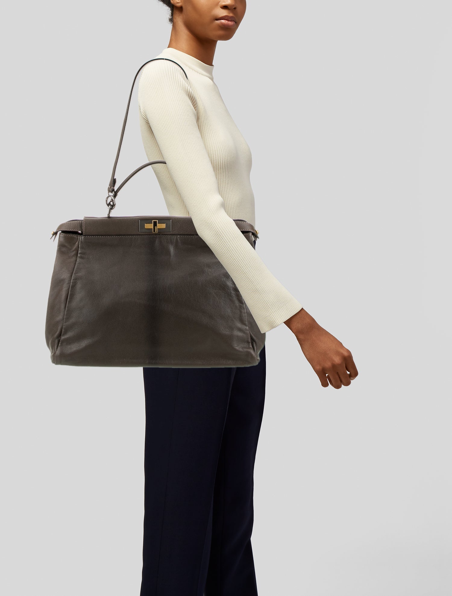 Fendi Peekaboo Shoulder Bag Medium Gray Leather FF Zucca Interior Gold Hardware