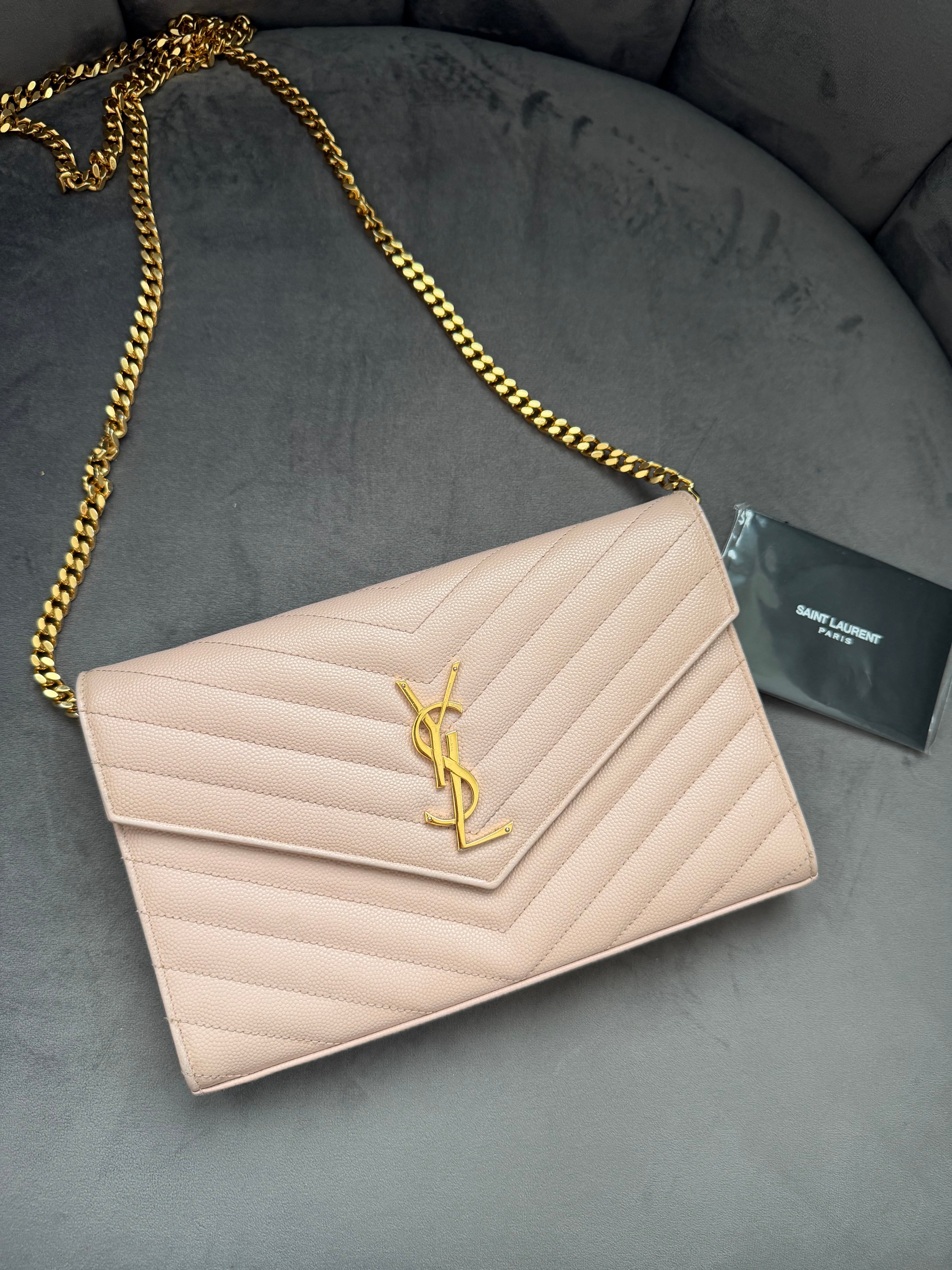Yves Saint Laurent Cassandre Monogram Bag Blush Pink with Gold wallet on chain