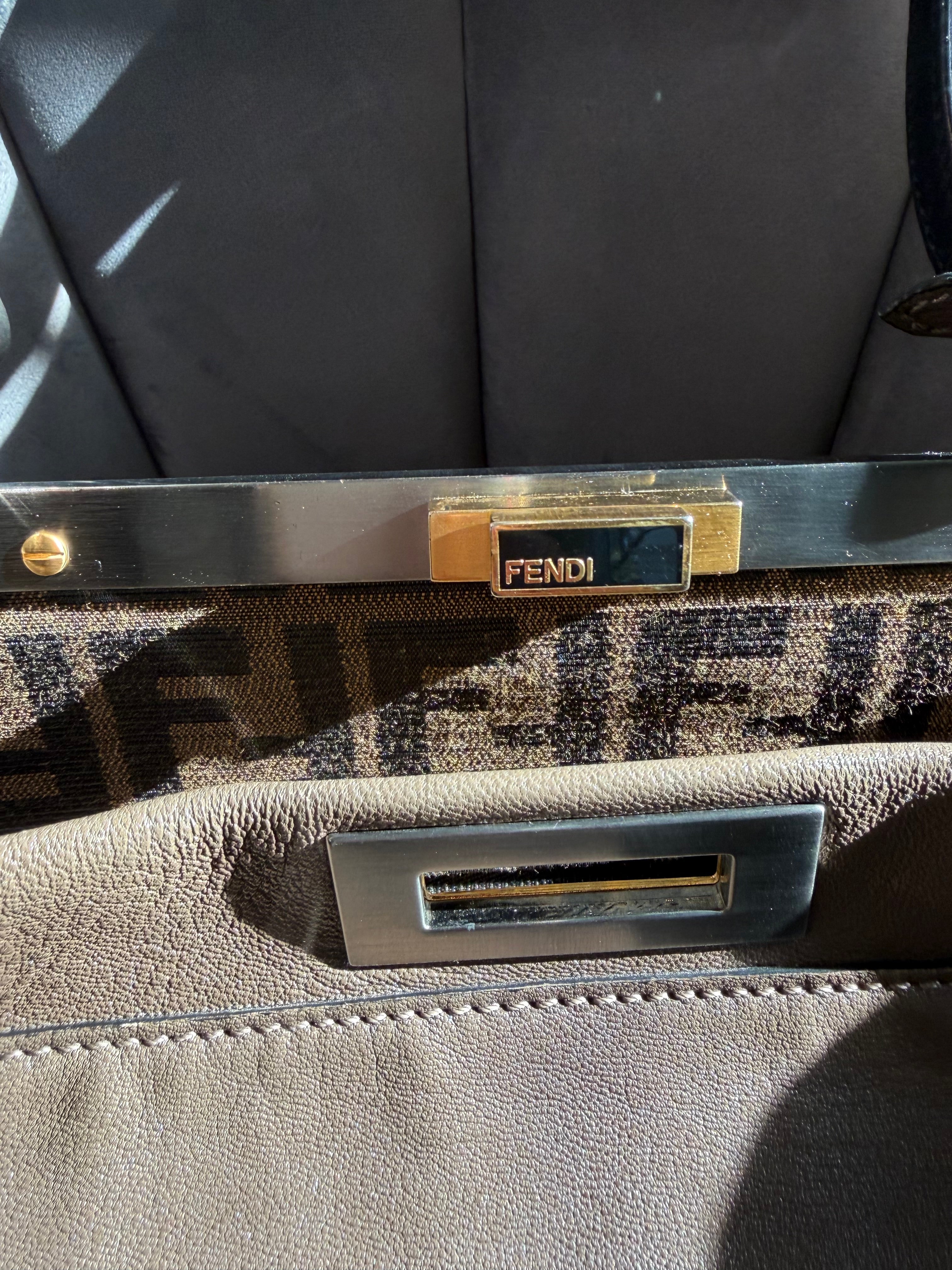 Fendi Peekaboo Shoulder Bag Medium Gray Leather FF Zucca Interior Gold Hardware