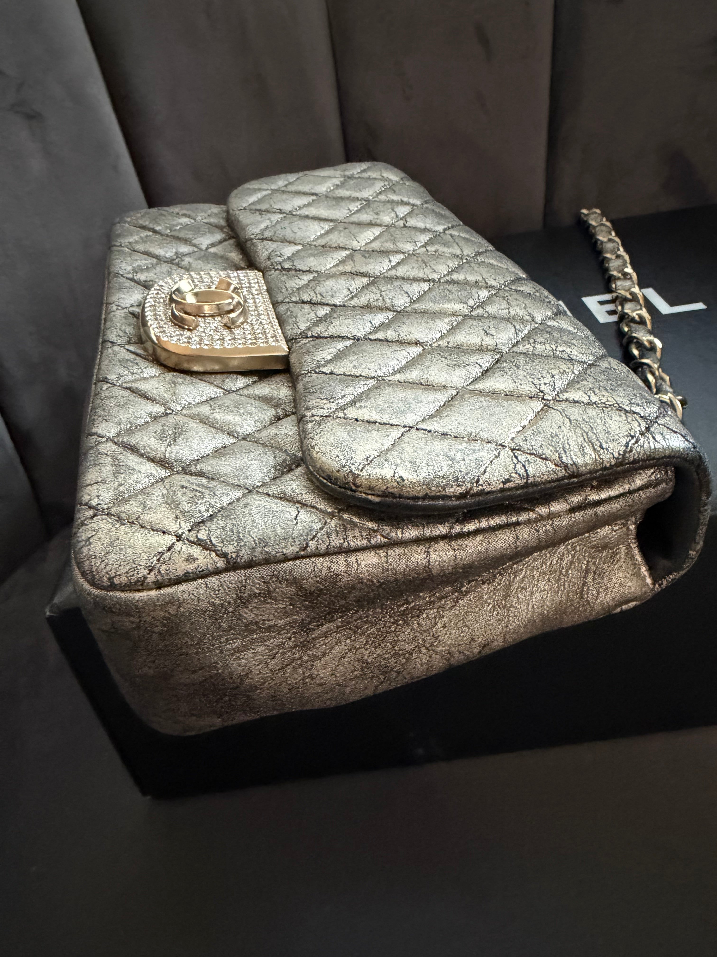 CHANEL Metallic Iridescent Gold Small Single Flap Shouler Bag Crystal CC Lock