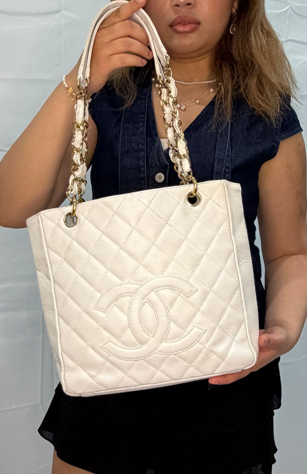 CHANEL Vintage Ivory Caviar Quilted Petite Shopping Tote PST