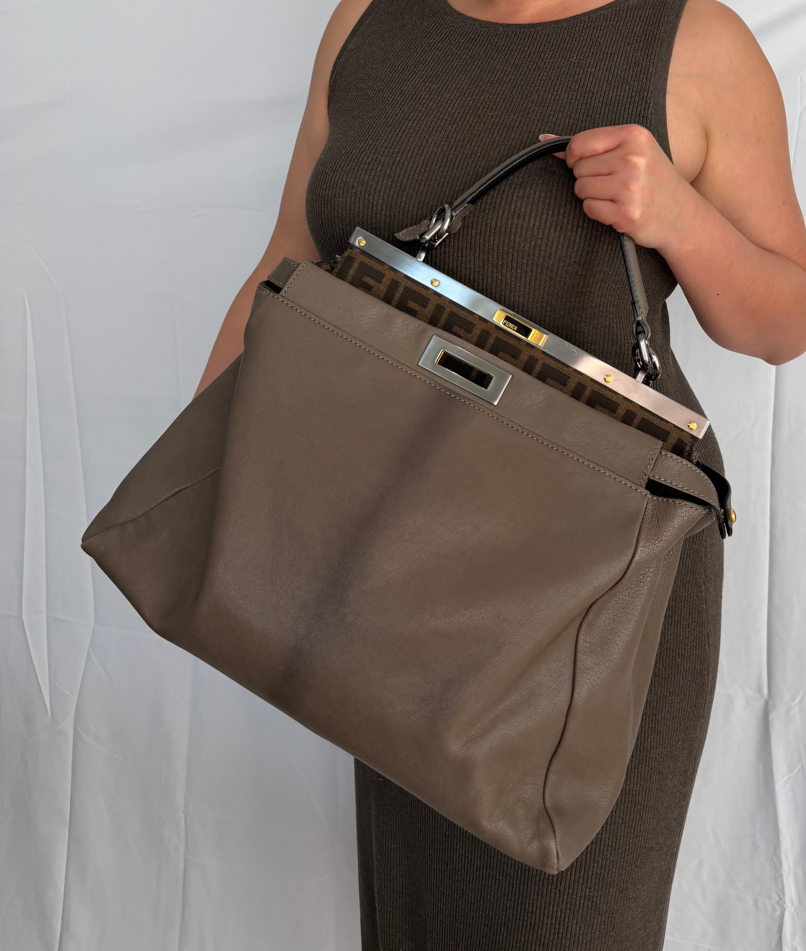 Fendi Peekaboo Shoulder Bag Medium Gray Leather FF Zucca Interior Gold Hardware