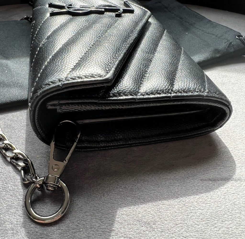 YSL Cassandre all black envelope flap wallet on chain