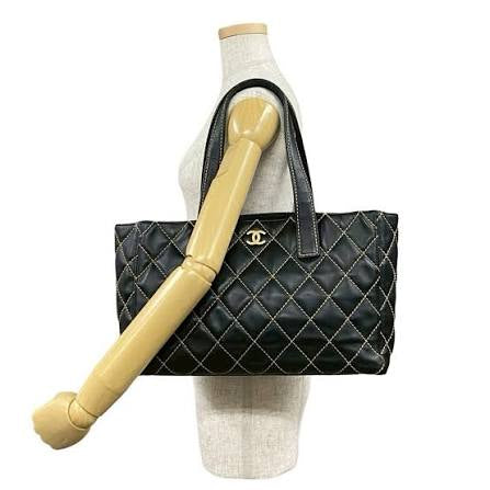 Vintage Chanel Shopper Tote Black Quilted with Gold Accent