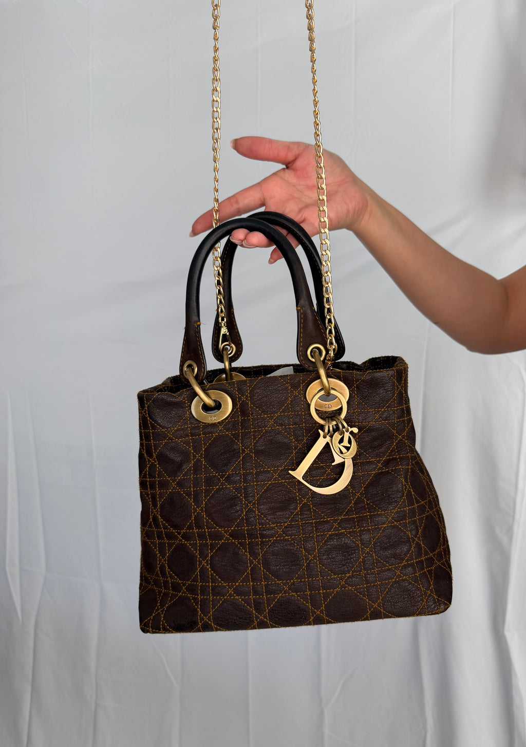 Christian Dior Lady Dior Small Soft Crossbody Bag in Cannage Brown Gold Hardware