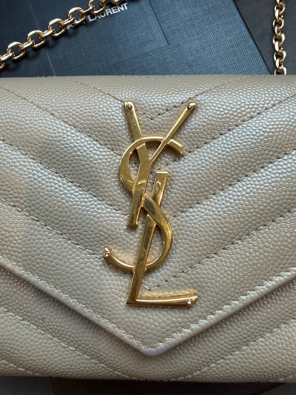 Yves Saint Laurent beige cassandre envelope flap wallet on chain