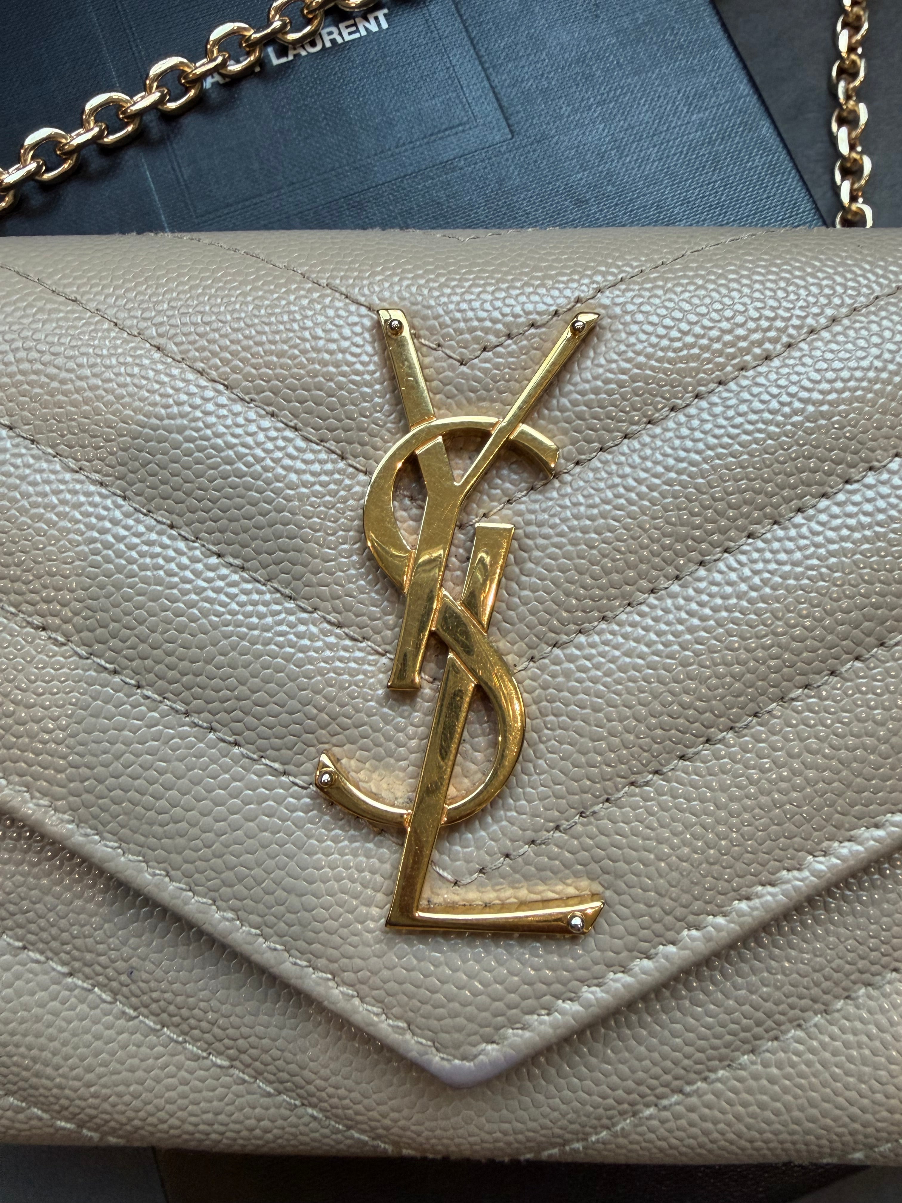 Yves Saint Laurent beige cassandre envelope flap wallet on chain