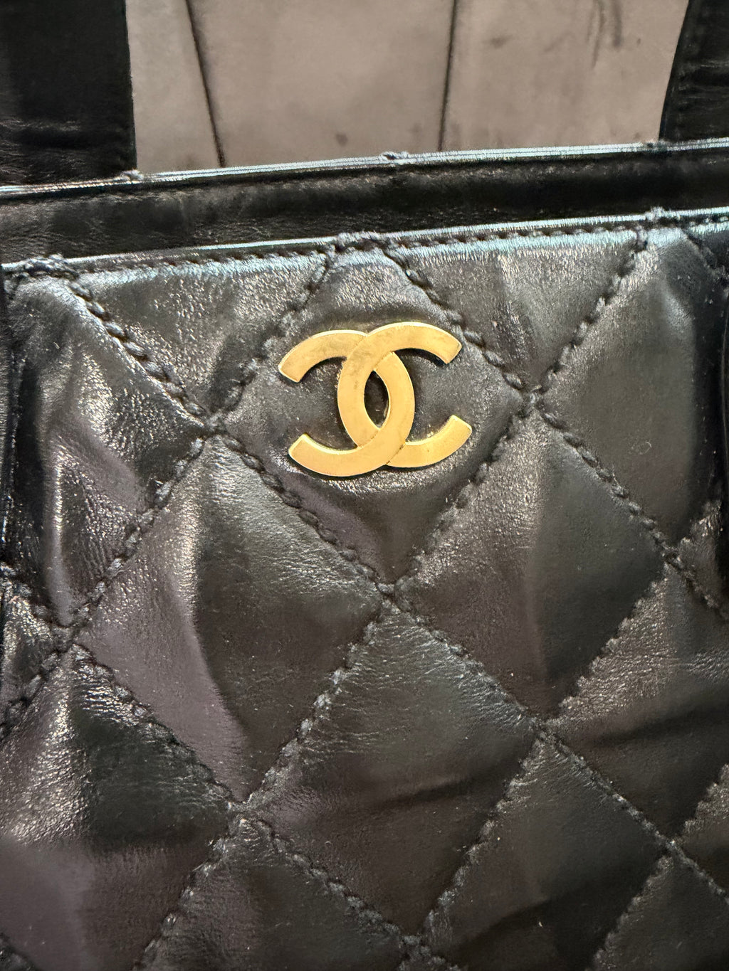Vintage Chanel Shopper Tote Black Quilted with Gold Accent