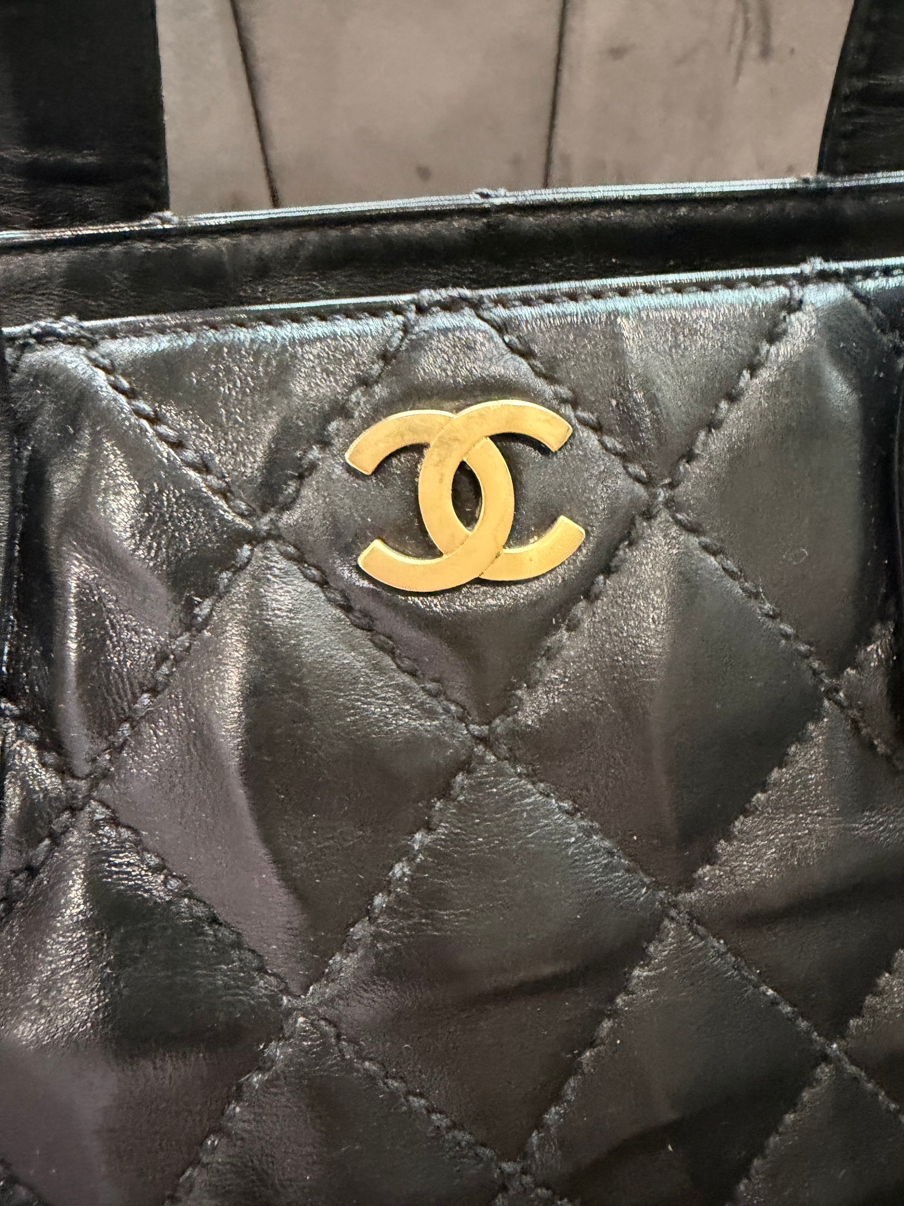 Vintage Chanel Shopper Tote Black Quilted with Gold Accent