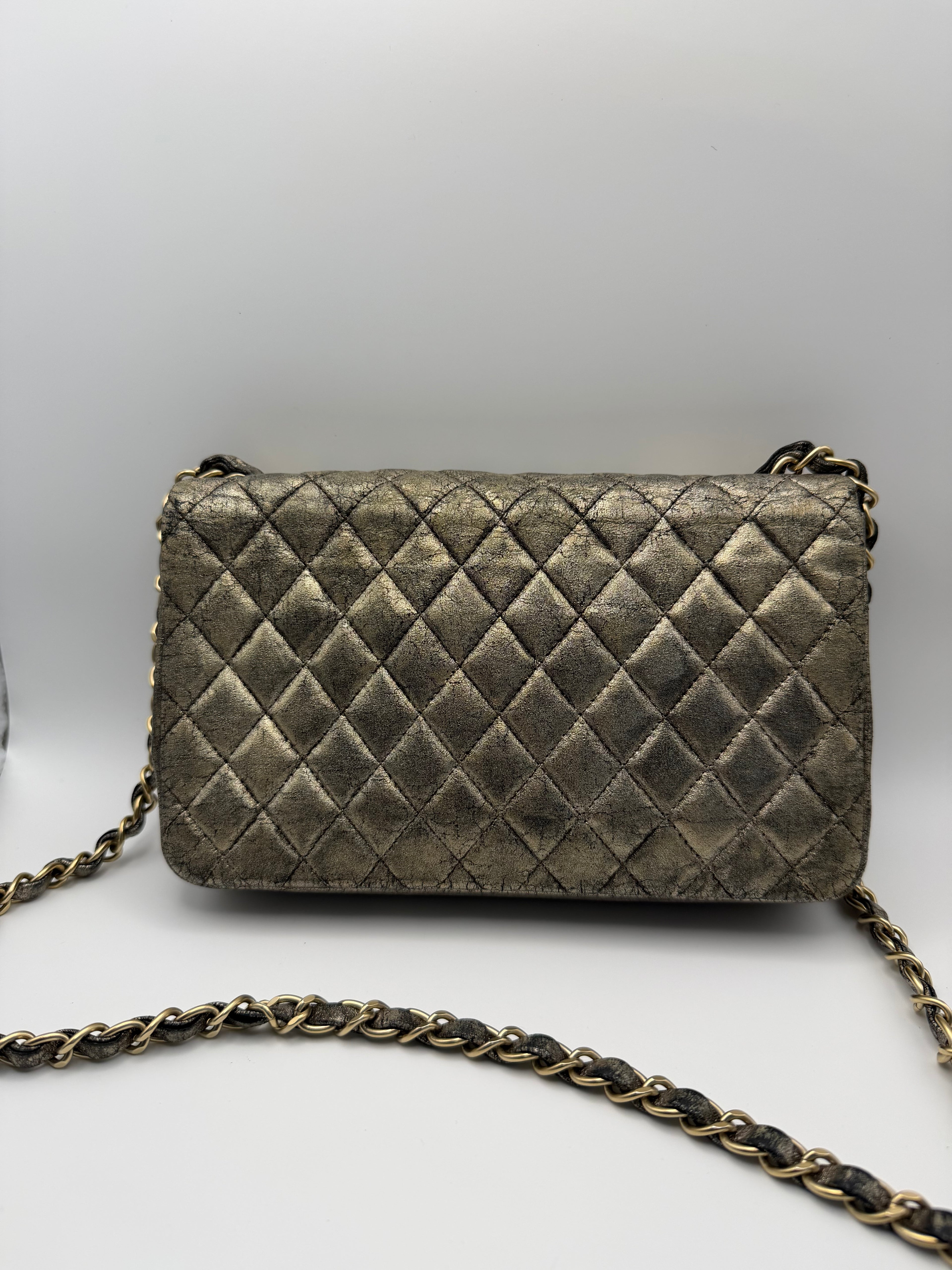 CHANEL Metallic Iridescent Gold Small Single Flap Shouler Bag Crystal CC Lock