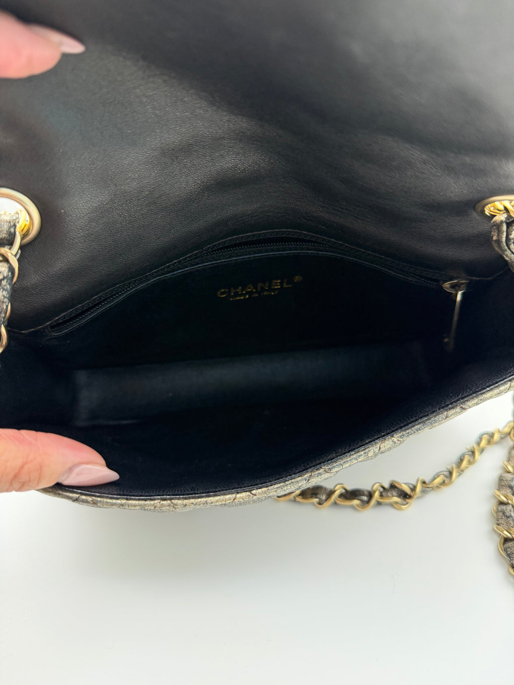 CHANEL Metallic Iridescent Gold Small Single Flap Shouler Bag Crystal CC Lock