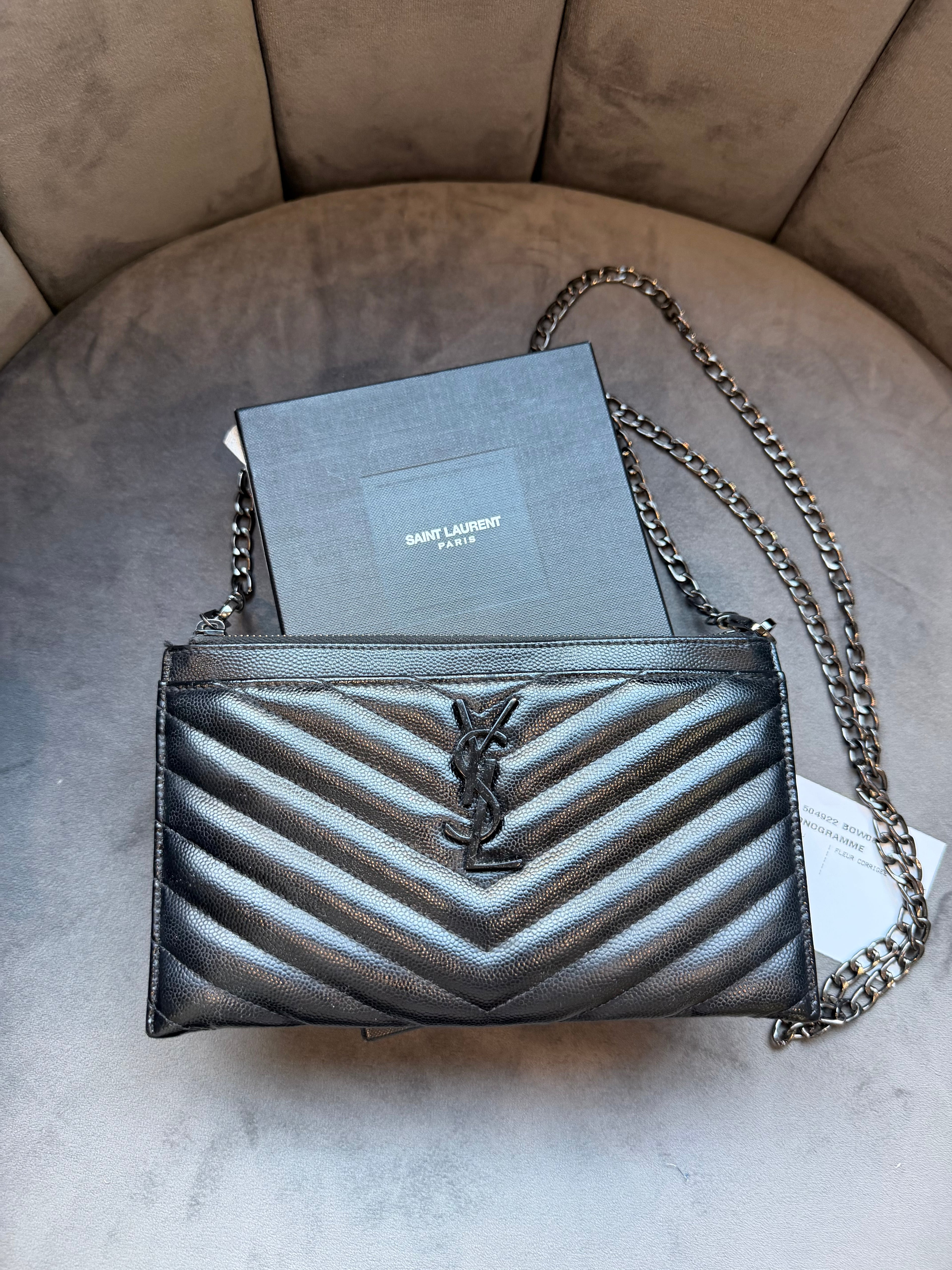 Yves Saint Laurent black monogram clutch / crossbody