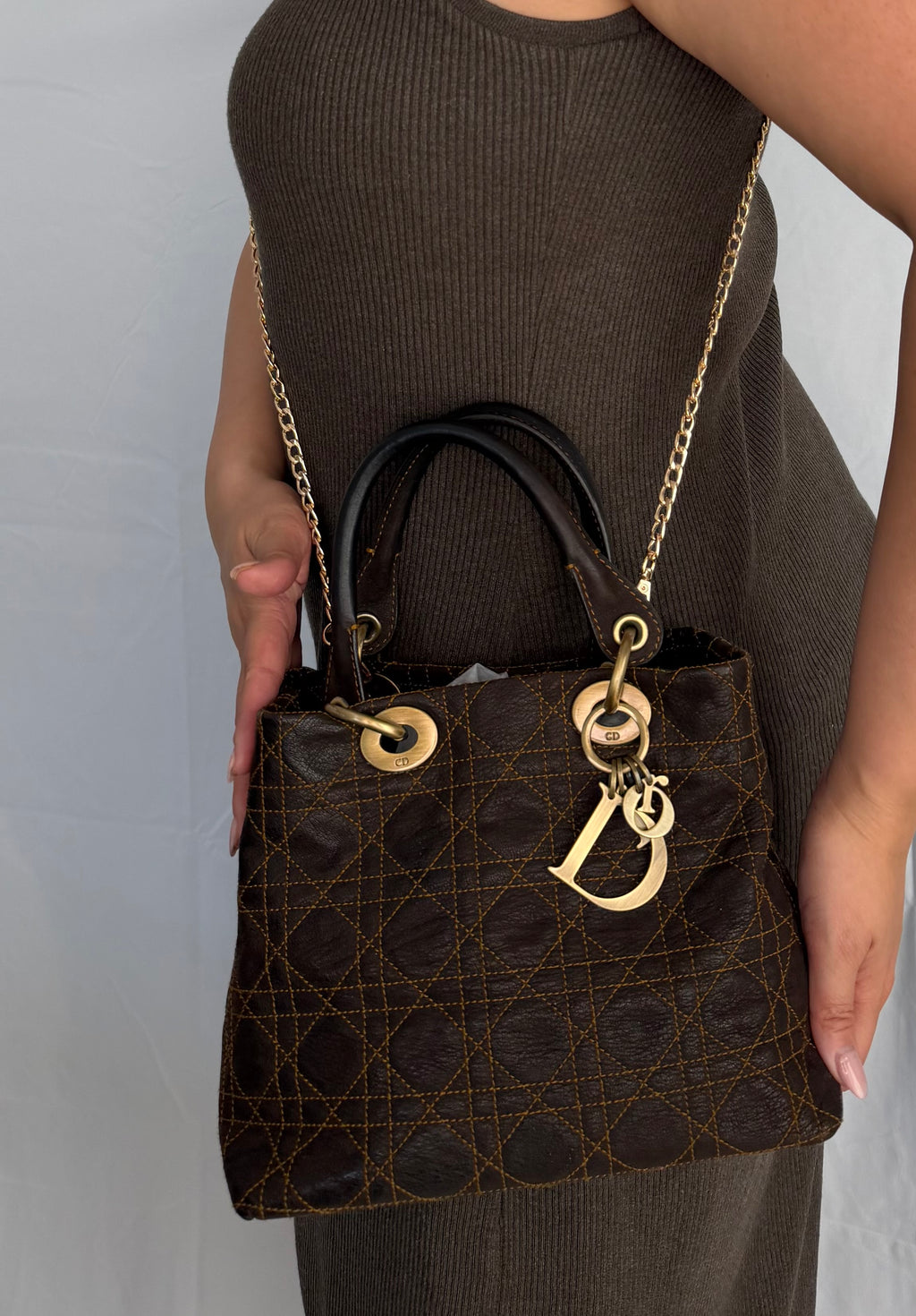 Christian Dior Lady Dior Small Soft Crossbody Bag in Cannage Brown Gold Hardware