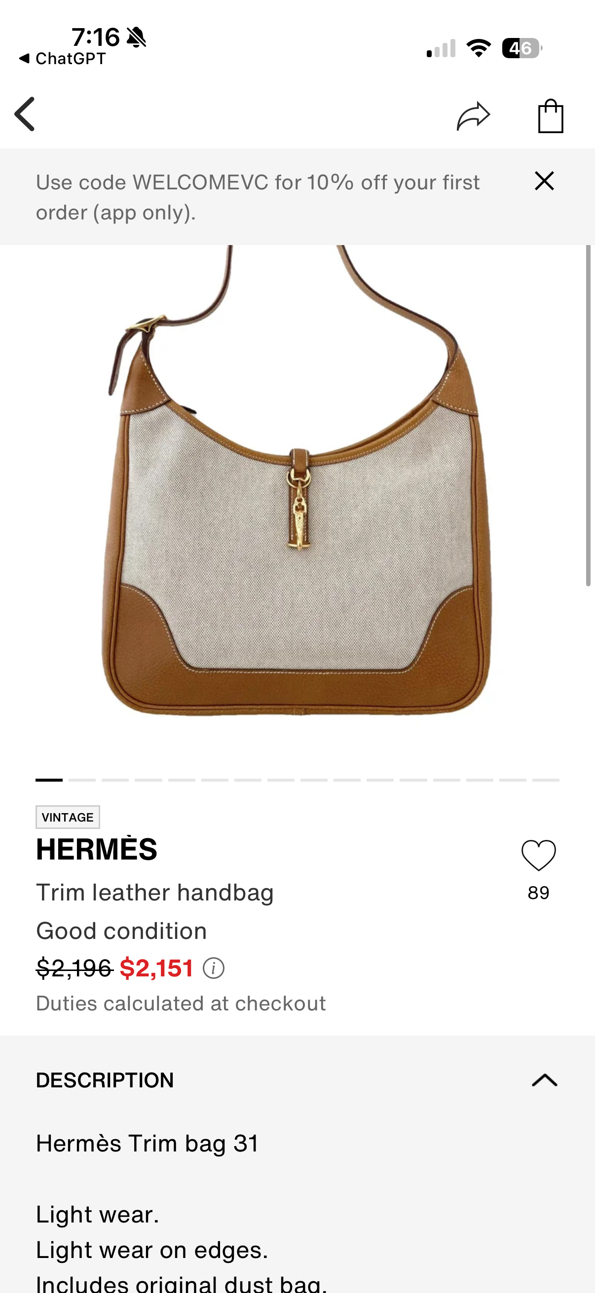 Hermes Trim Bag 31 Canvas Leather Shoulder Bag Brown