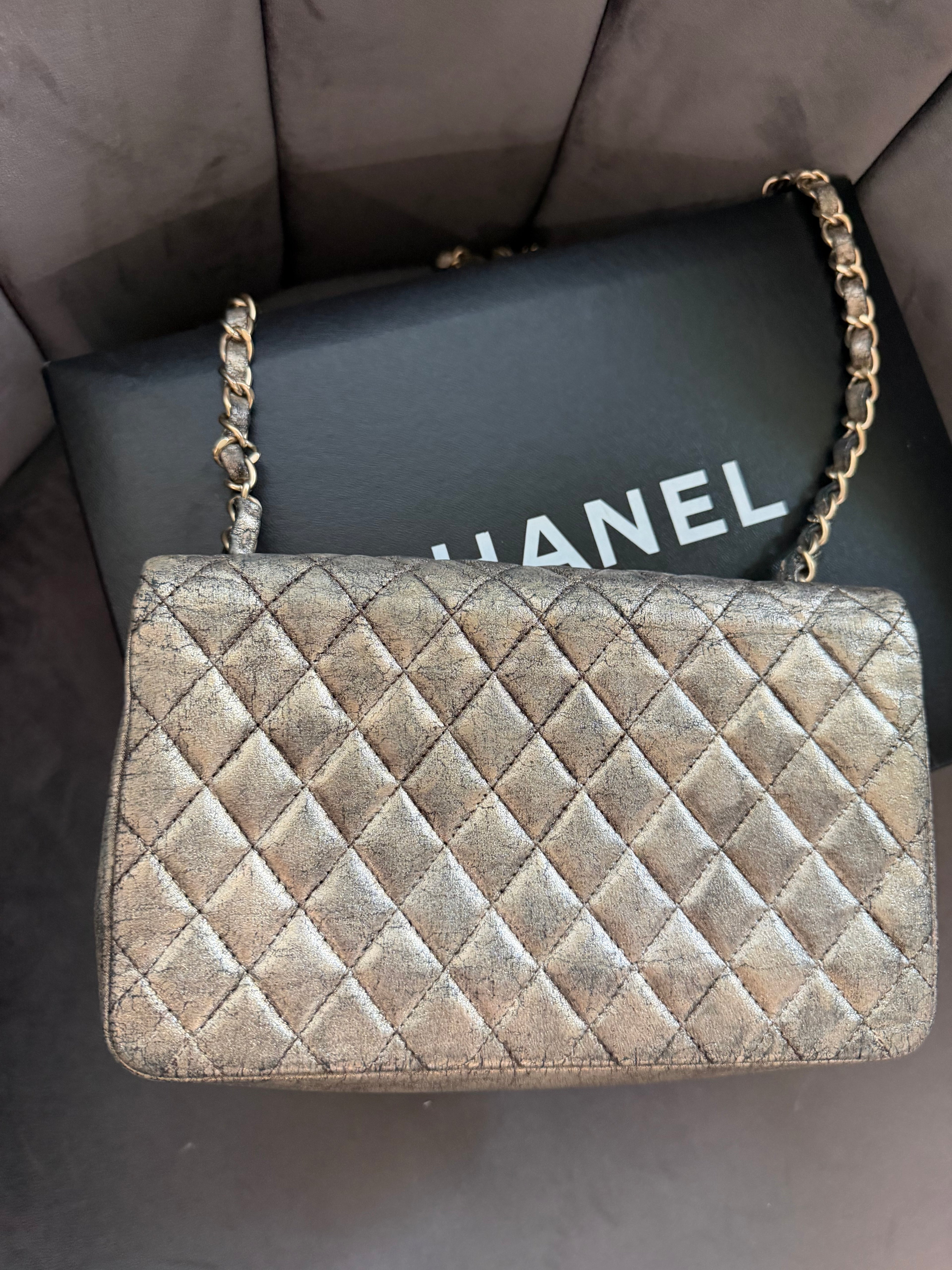 CHANEL Metallic Iridescent Gold Small Single Flap Shouler Bag Crystal CC Lock