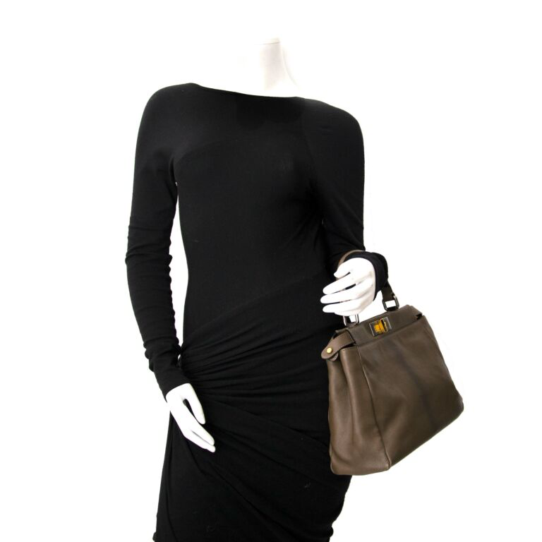 Fendi Peekaboo Shoulder Bag Medium Gray Leather FF Zucca Interior Gold Hardware