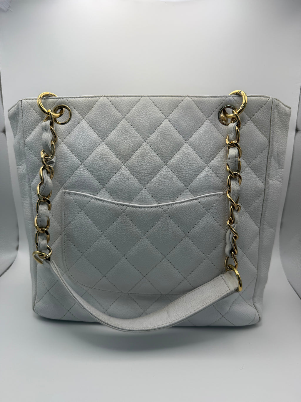 CHANEL Vintage Ivory Caviar Quilted Petite Shopping Tote PST
