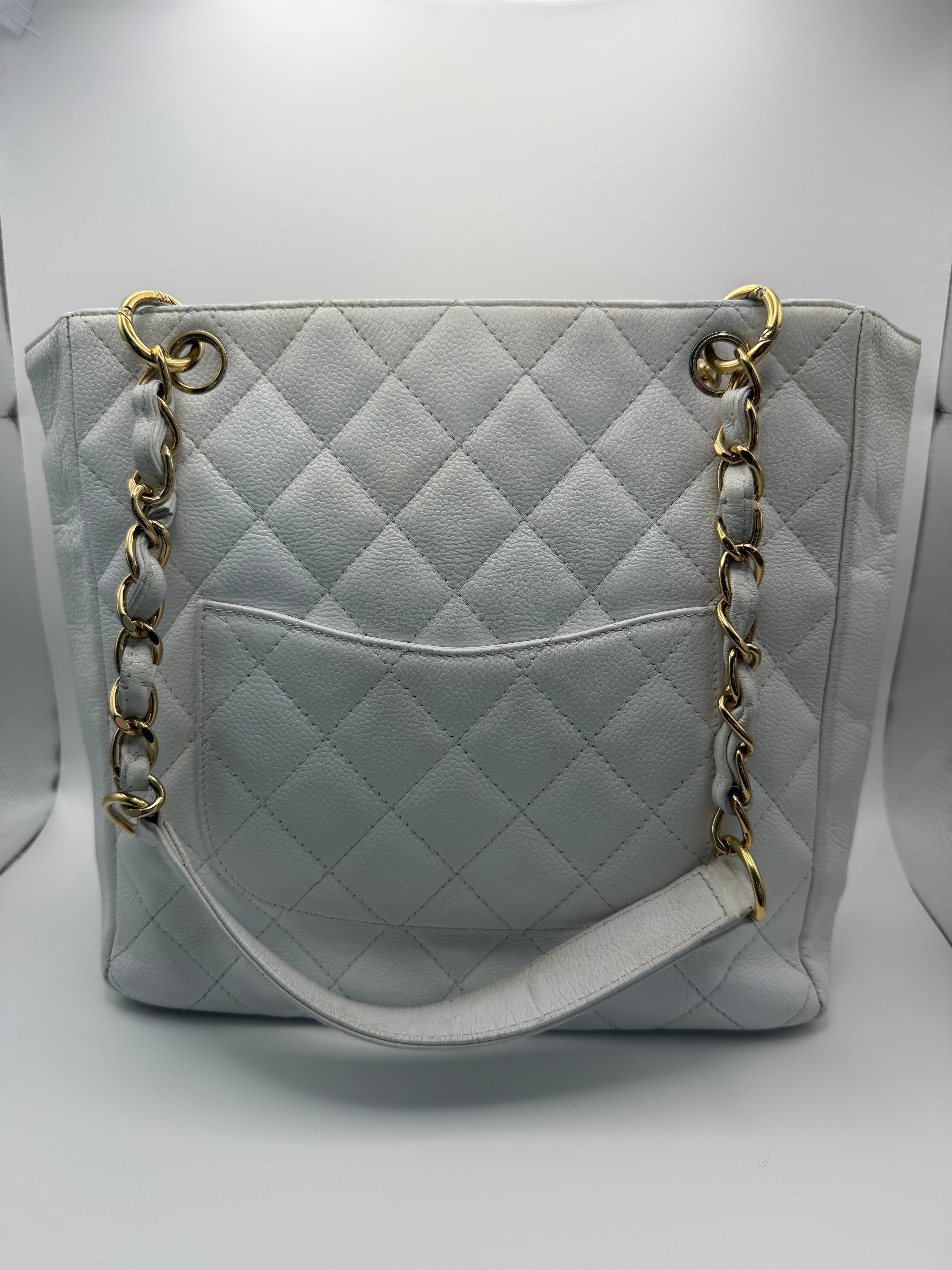 CHANEL Vintage Ivory Caviar Quilted Petite Shopping Tote PST