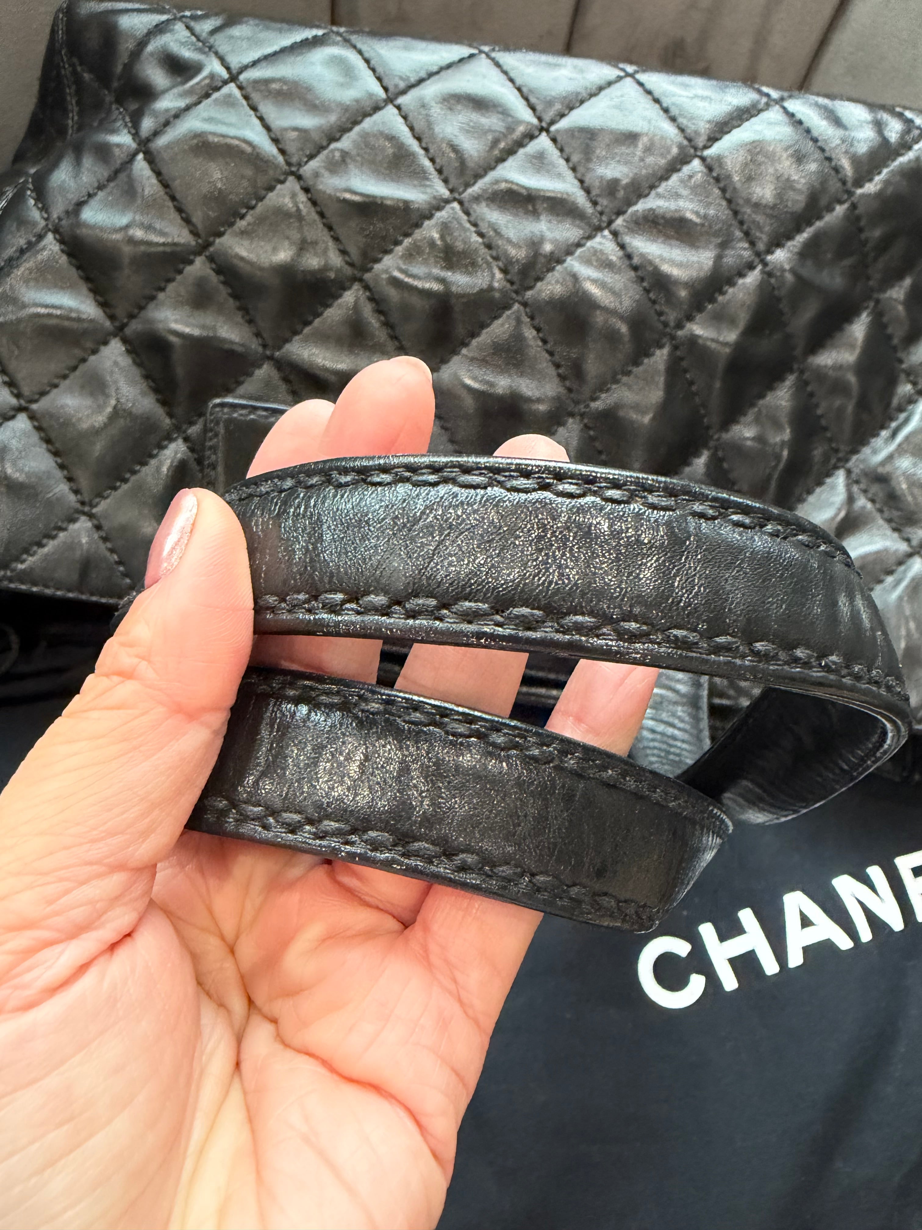 Vintage Chanel Shopper Tote Black Quilted with Gold Accent