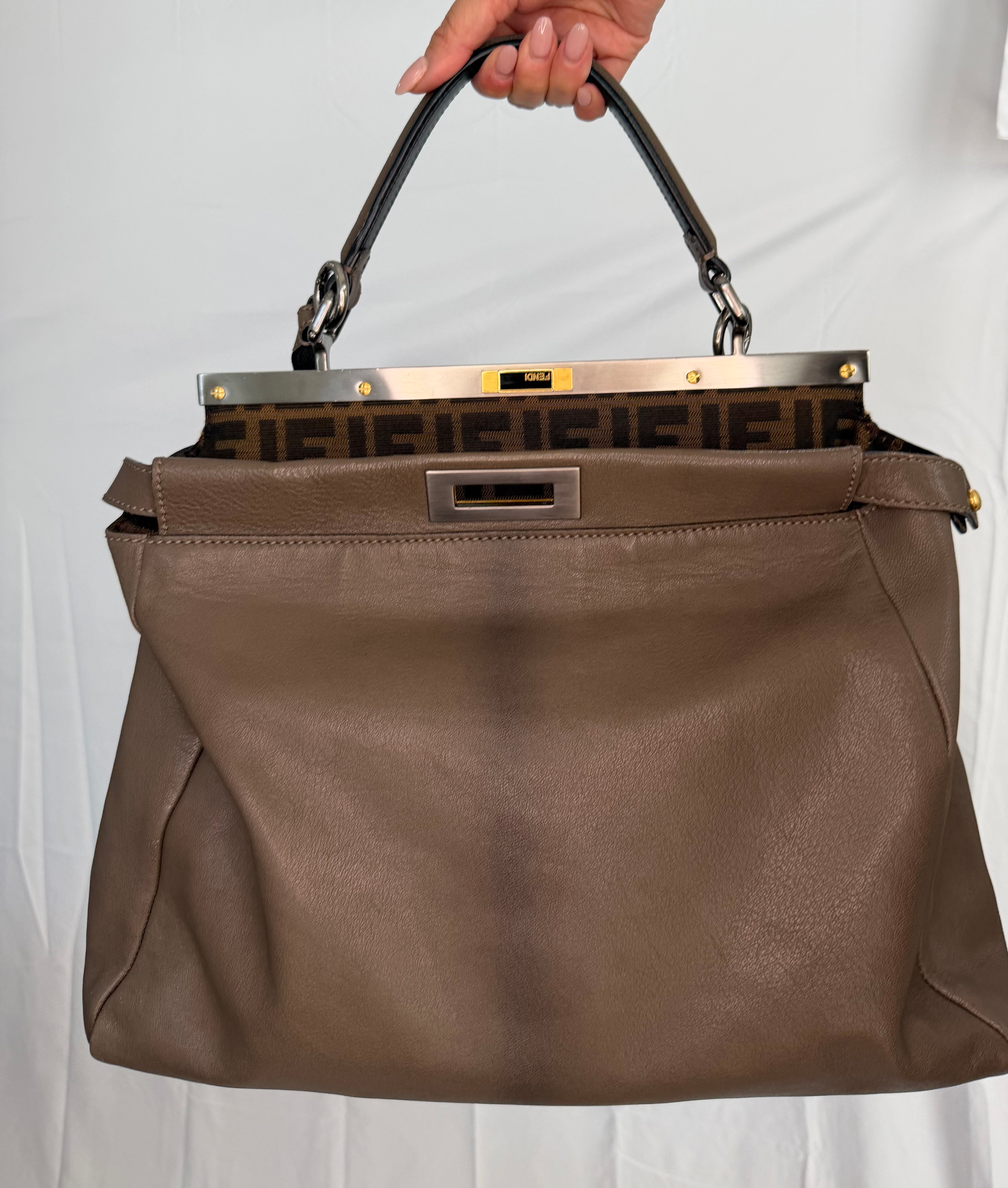 Fendi Peekaboo Shoulder Bag Medium Gray Leather FF Zucca Interior Gold Hardware