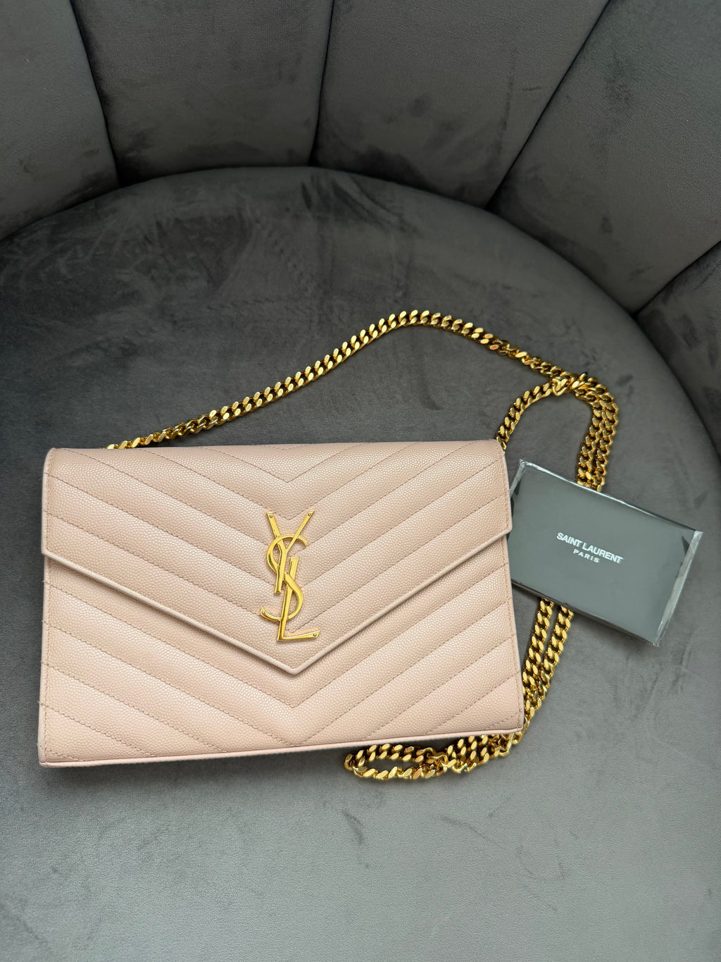 Yves Saint Laurent Cassandre Monogram Bag Blush Pink with Gold wallet on chain