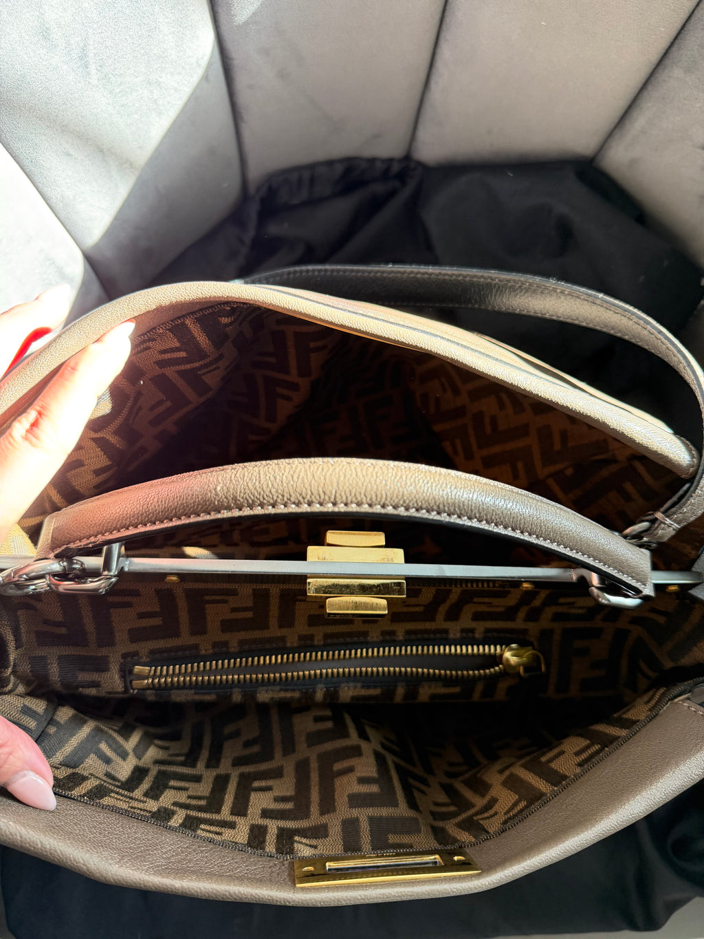 Fendi Peekaboo Shoulder Bag Medium Gray Leather FF Zucca Interior Gold Hardware