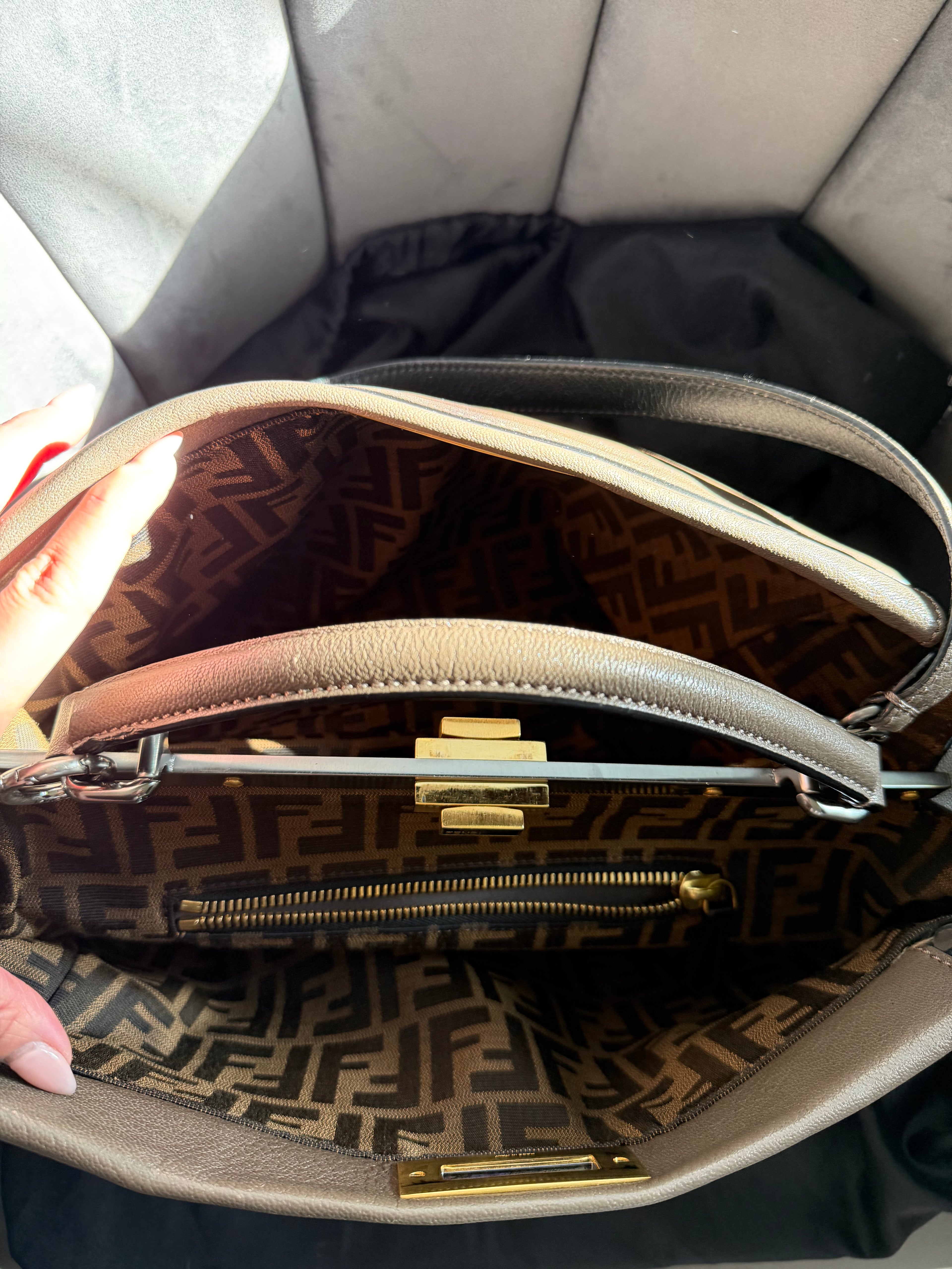 Fendi Peekaboo Shoulder Bag Medium Gray Leather FF Zucca Interior Gold Hardware