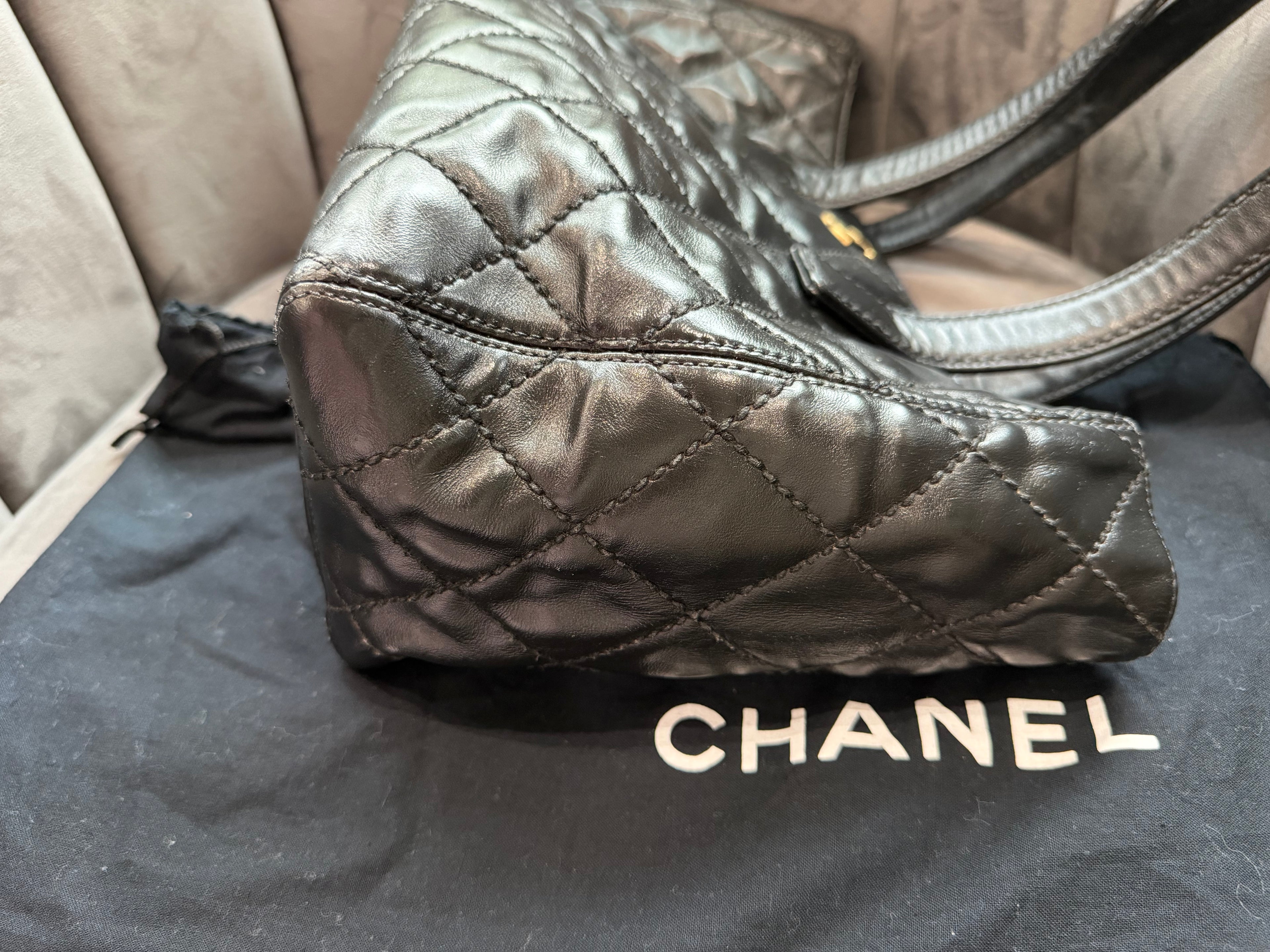 Vintage Chanel Shopper Tote Black Quilted with Gold Accent