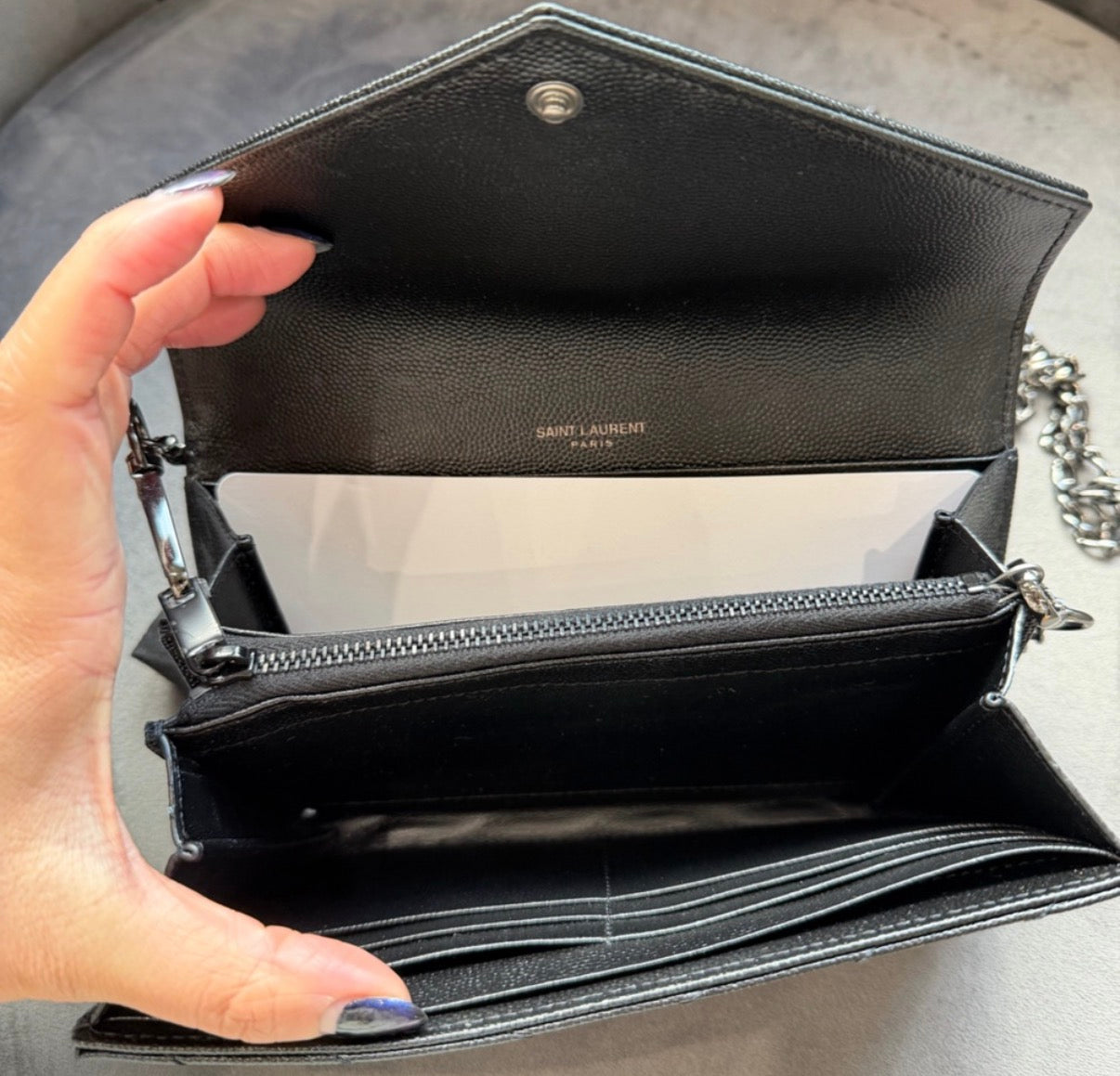 YSL Cassandre all black envelope flap wallet on chain