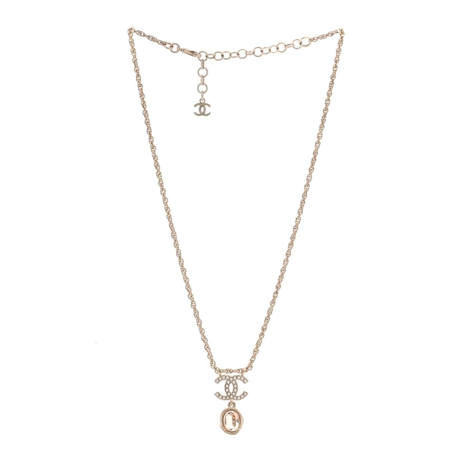 Chanel pink crystal pearl drop necklace