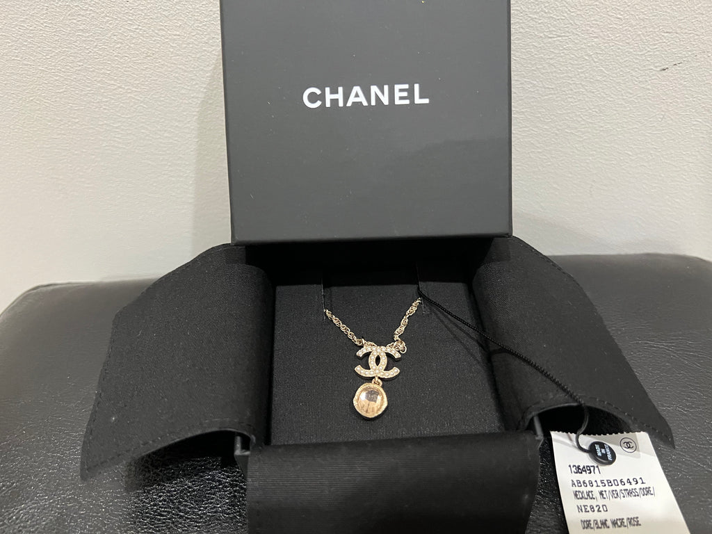 Chanel pink crystal pearl drop necklace