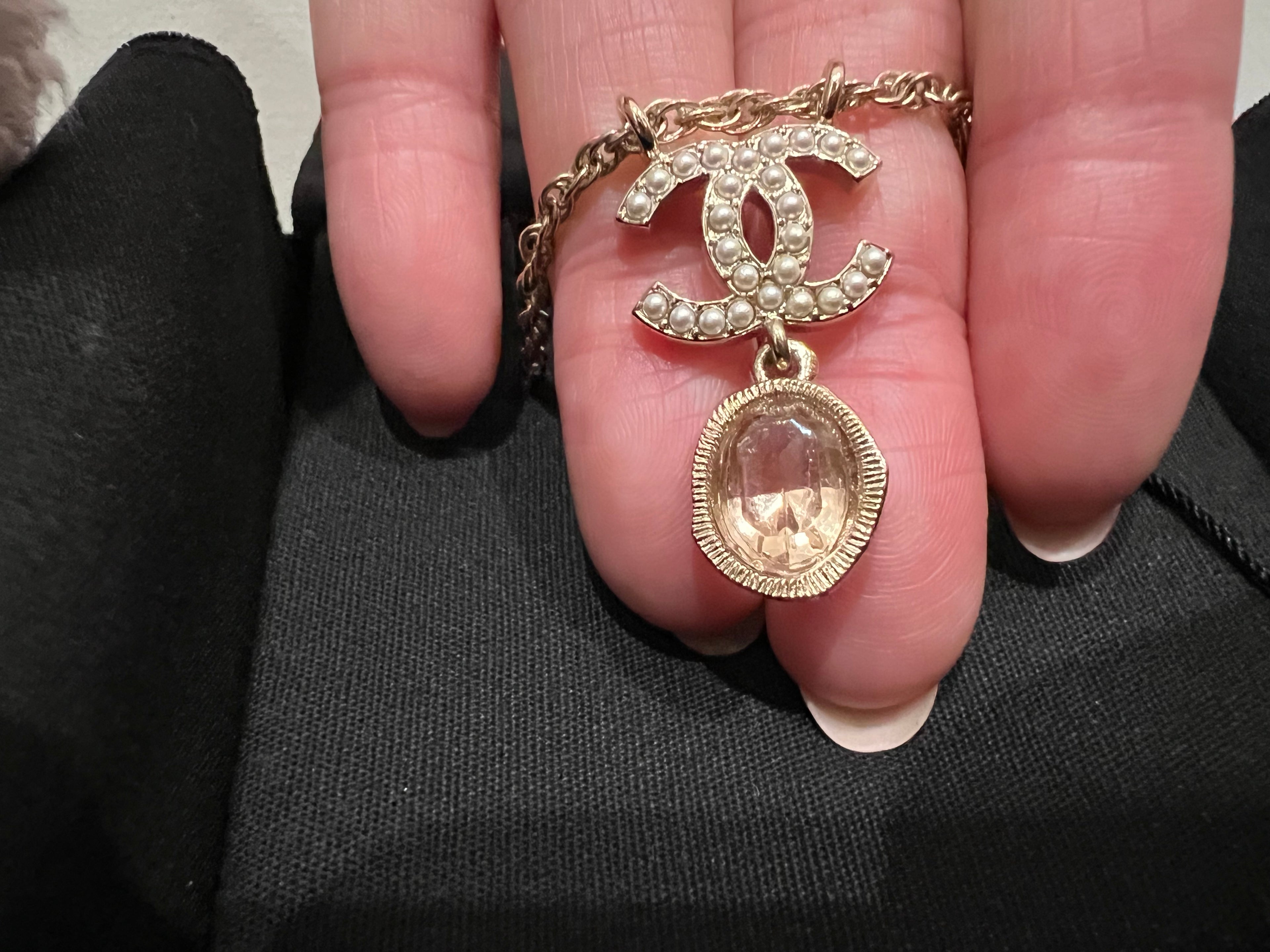 Chanel pink crystal pearl drop necklace
