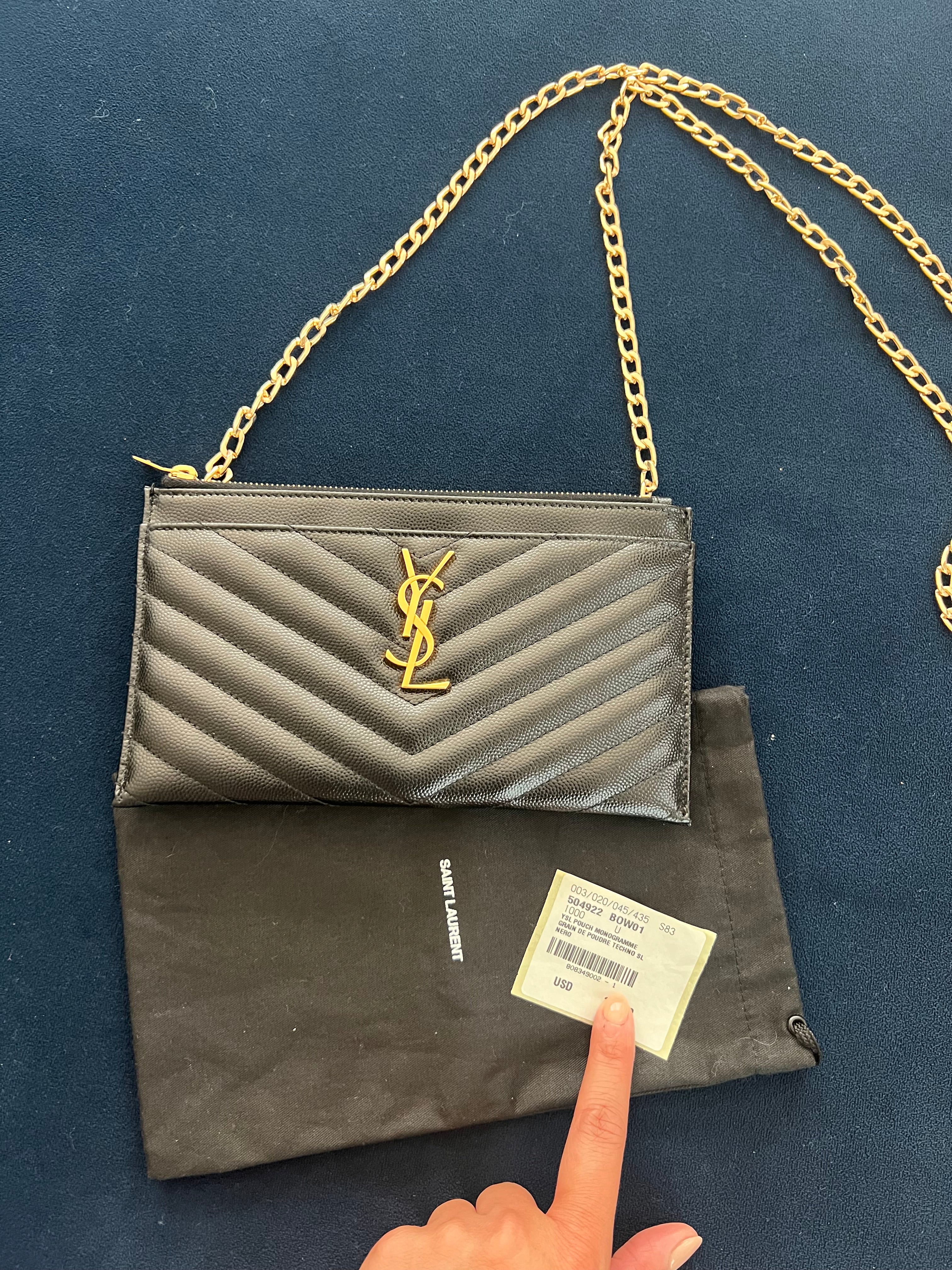 Black YSL monogram clutch wallet on chain