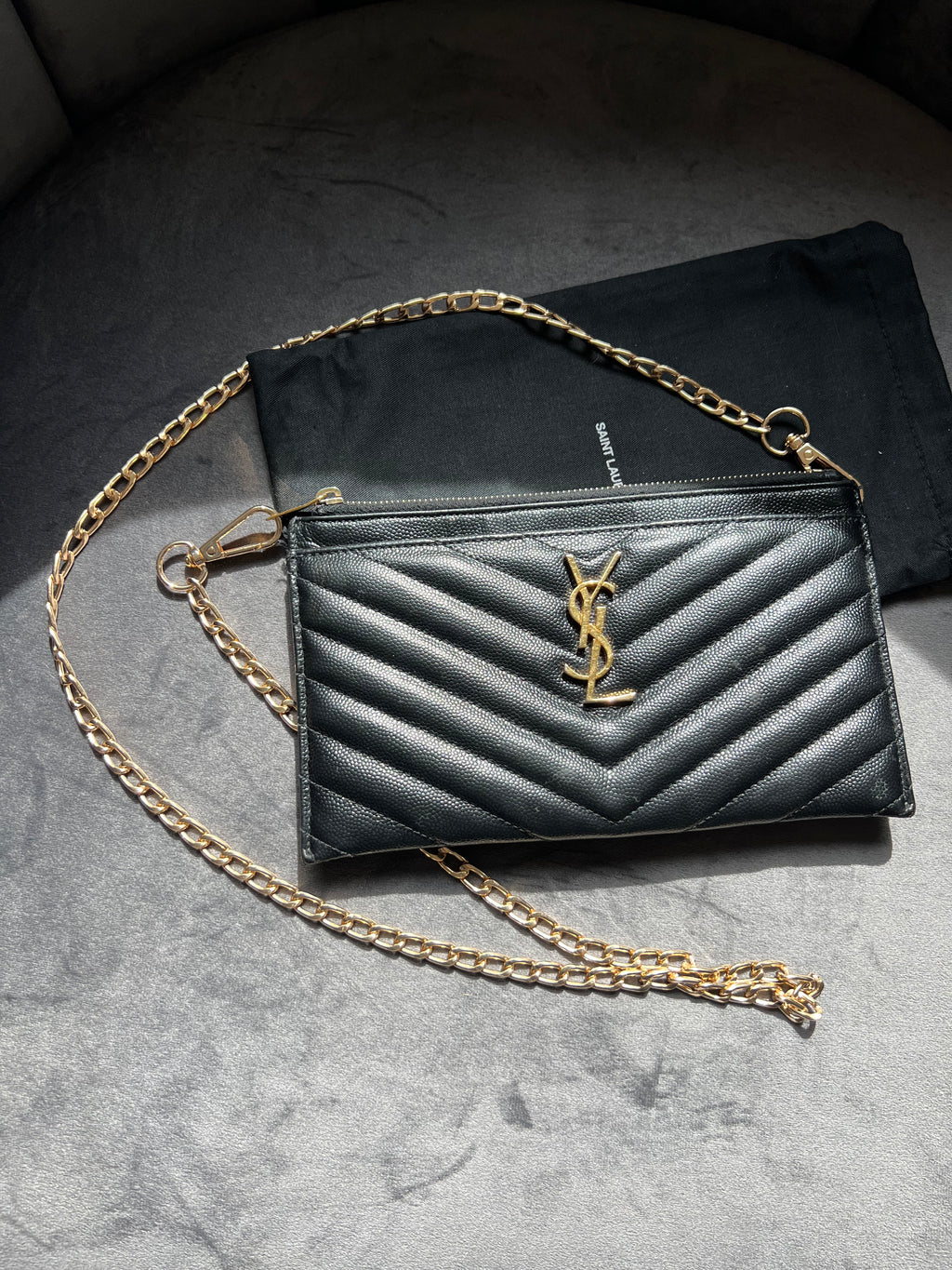 Black YSL monogram clutch wallet on chain
