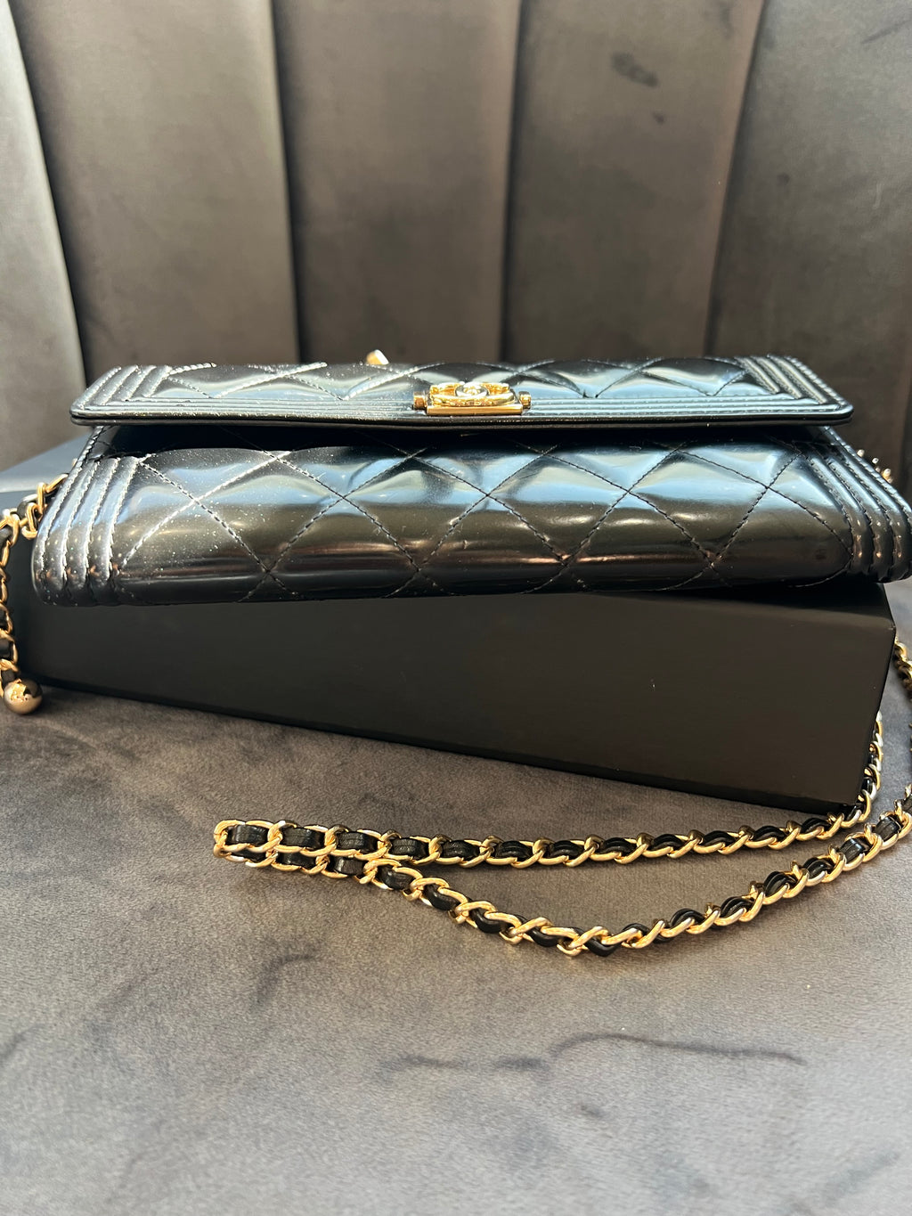 Chanel Boy Gusseted black wallet on chain