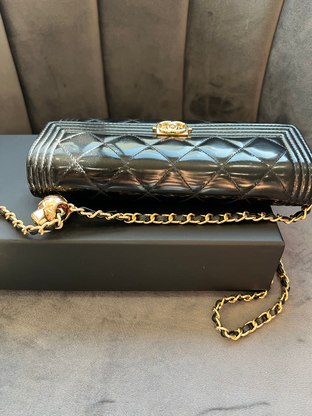 Chanel Boy Gusseted black wallet on chain
