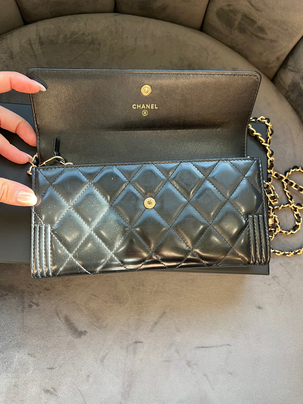Chanel Boy Gusseted black wallet on chain