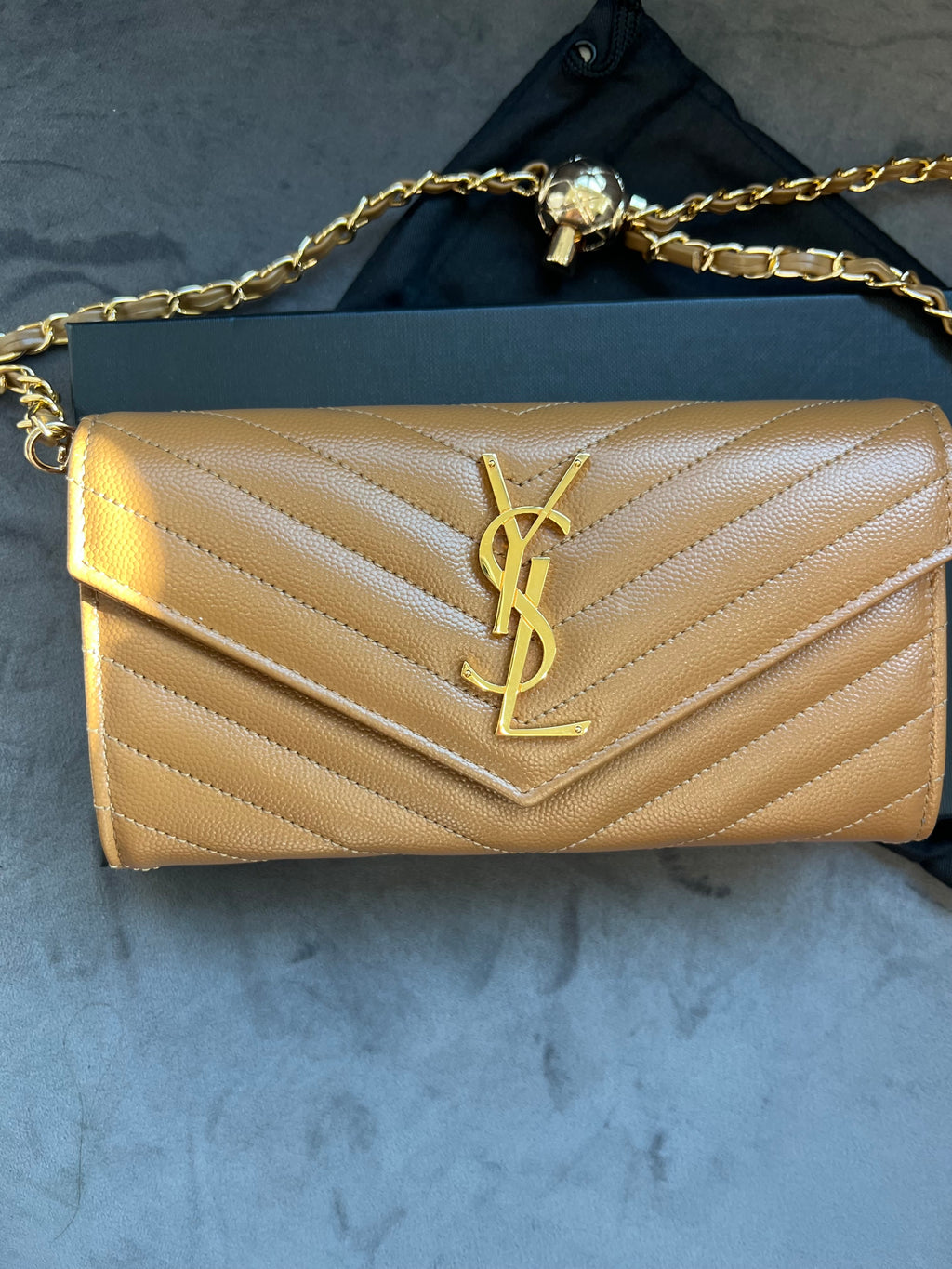 Saint Laurent Cassandre envelope flap brown wallet on chain