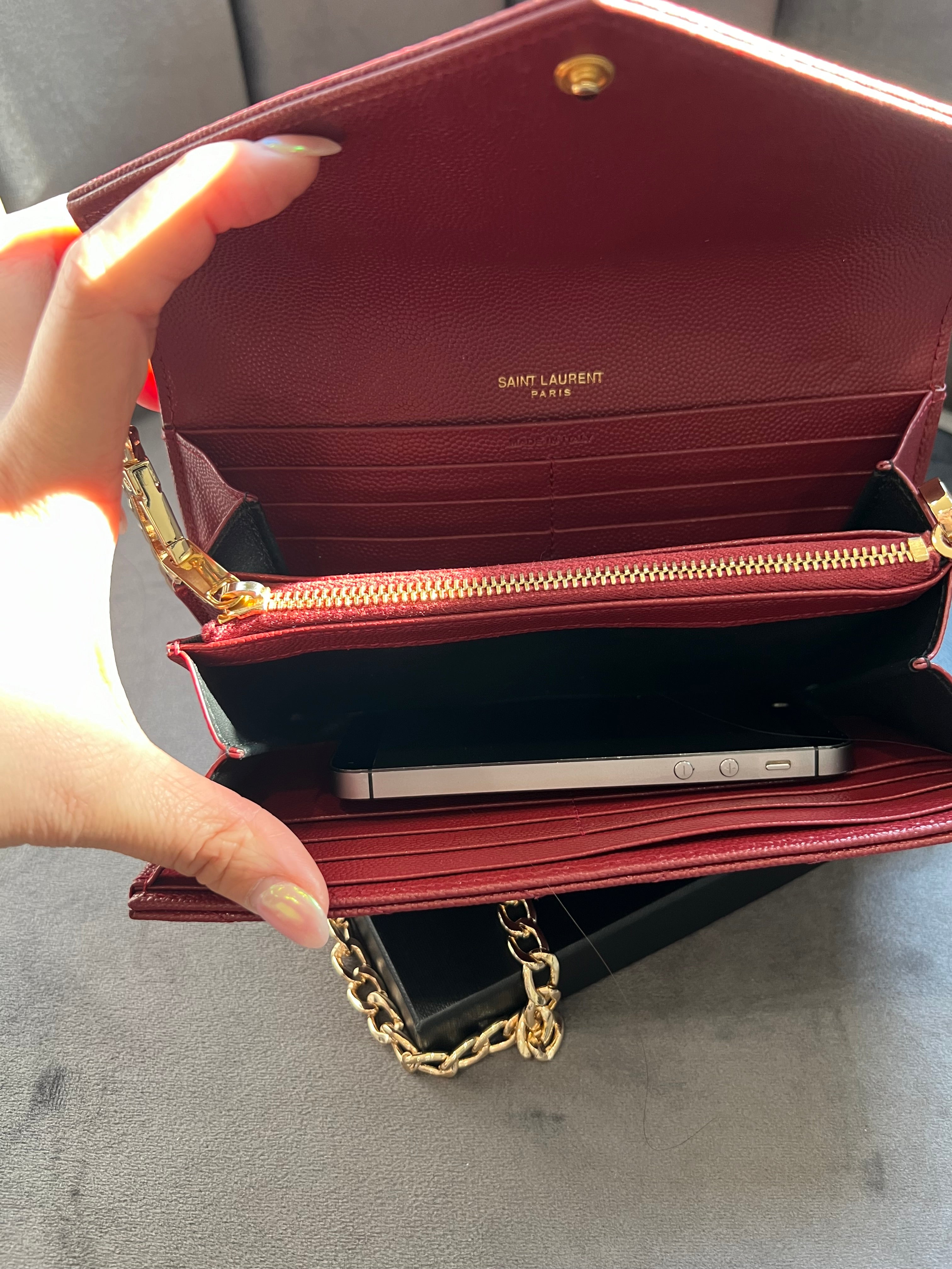Saint Laurent Cassandre envelope flap red wallet on chain