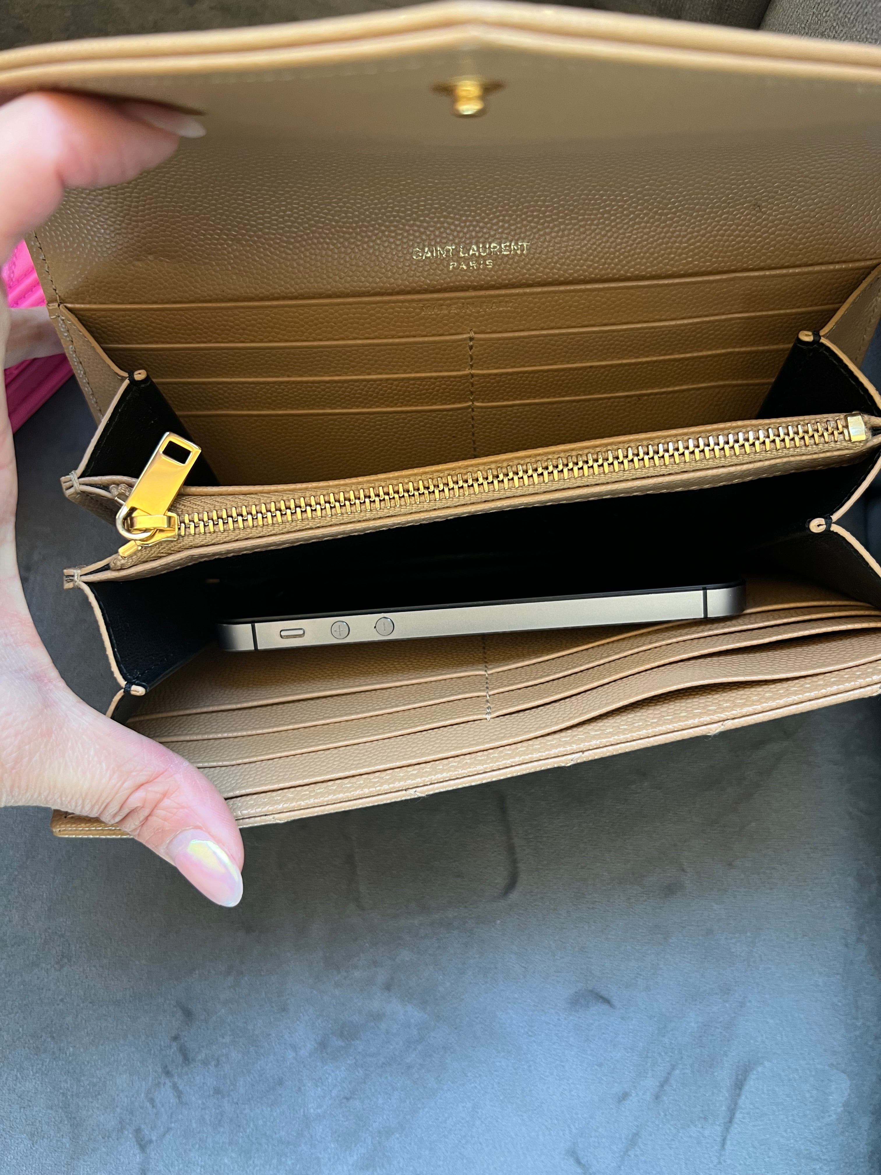 Yves Saint Laurent beige cassandre envelope flap wallet on chain