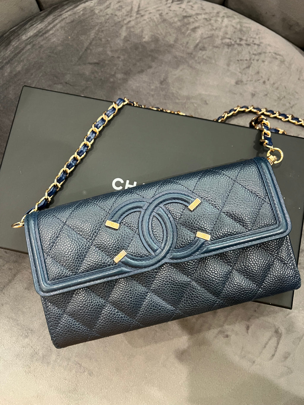 Chanel Navy Blue Large Filigree Gusset Flap Chanel Wallet On Chain