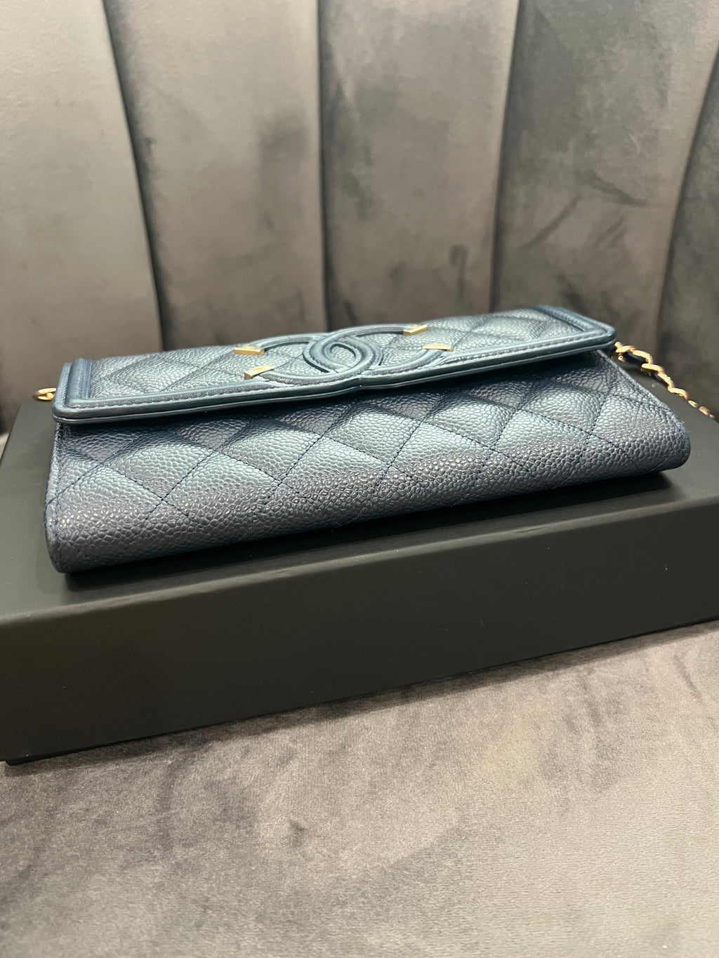 Chanel Navy Blue Large Filigree Gusset Flap Chanel Wallet On Chain