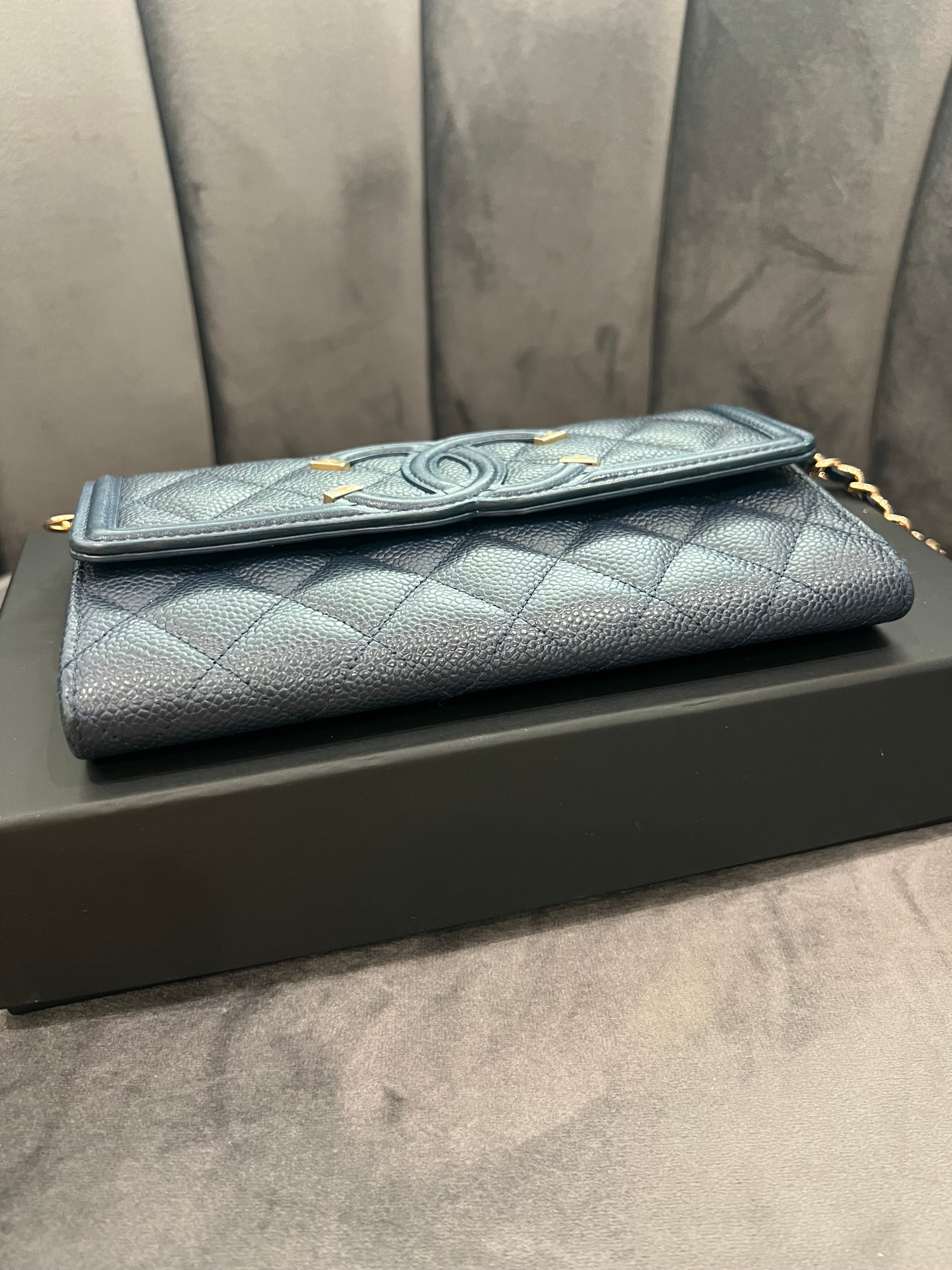 Chanel Navy Blue Large Filigree Gusset Flap Chanel Wallet On Chain