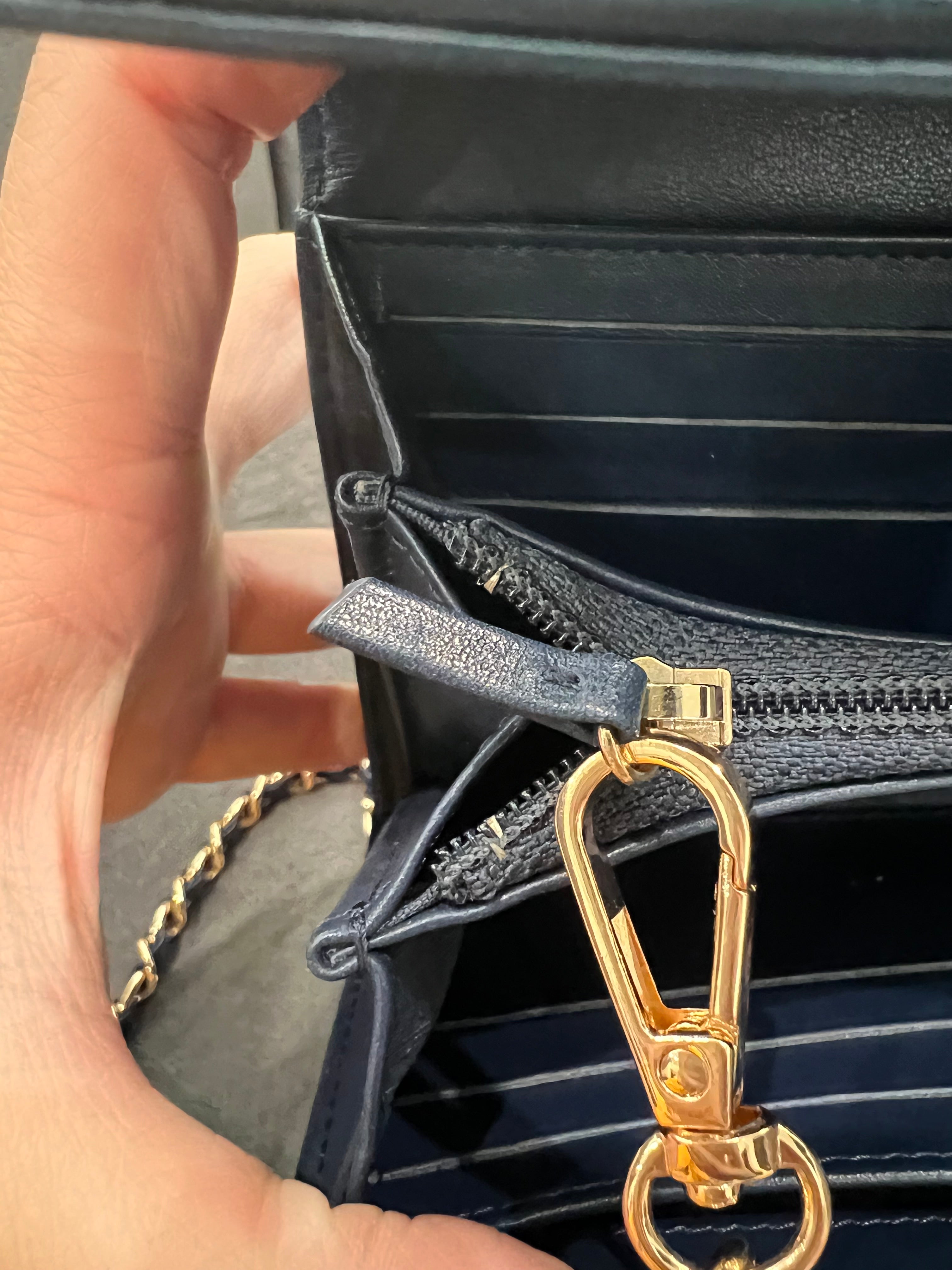 Chanel Navy Blue Large Filigree Gusset Flap Chanel Wallet On Chain